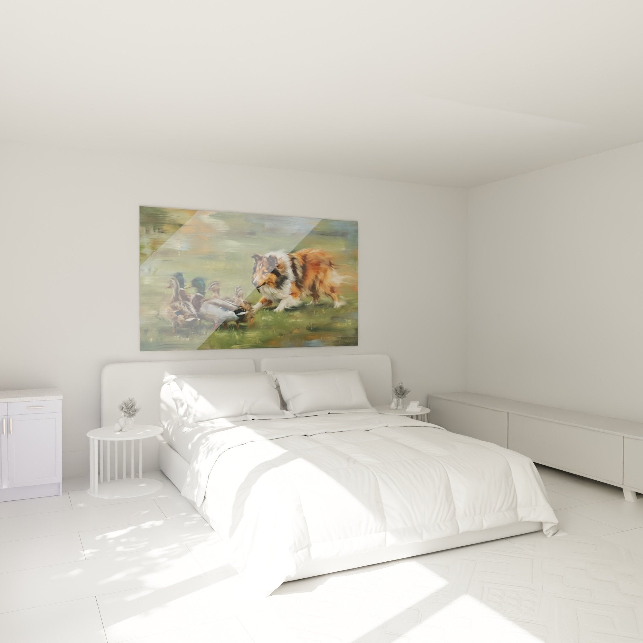Decoration chambre tableau chien berger shetland roux blanc chassant canards art animalier