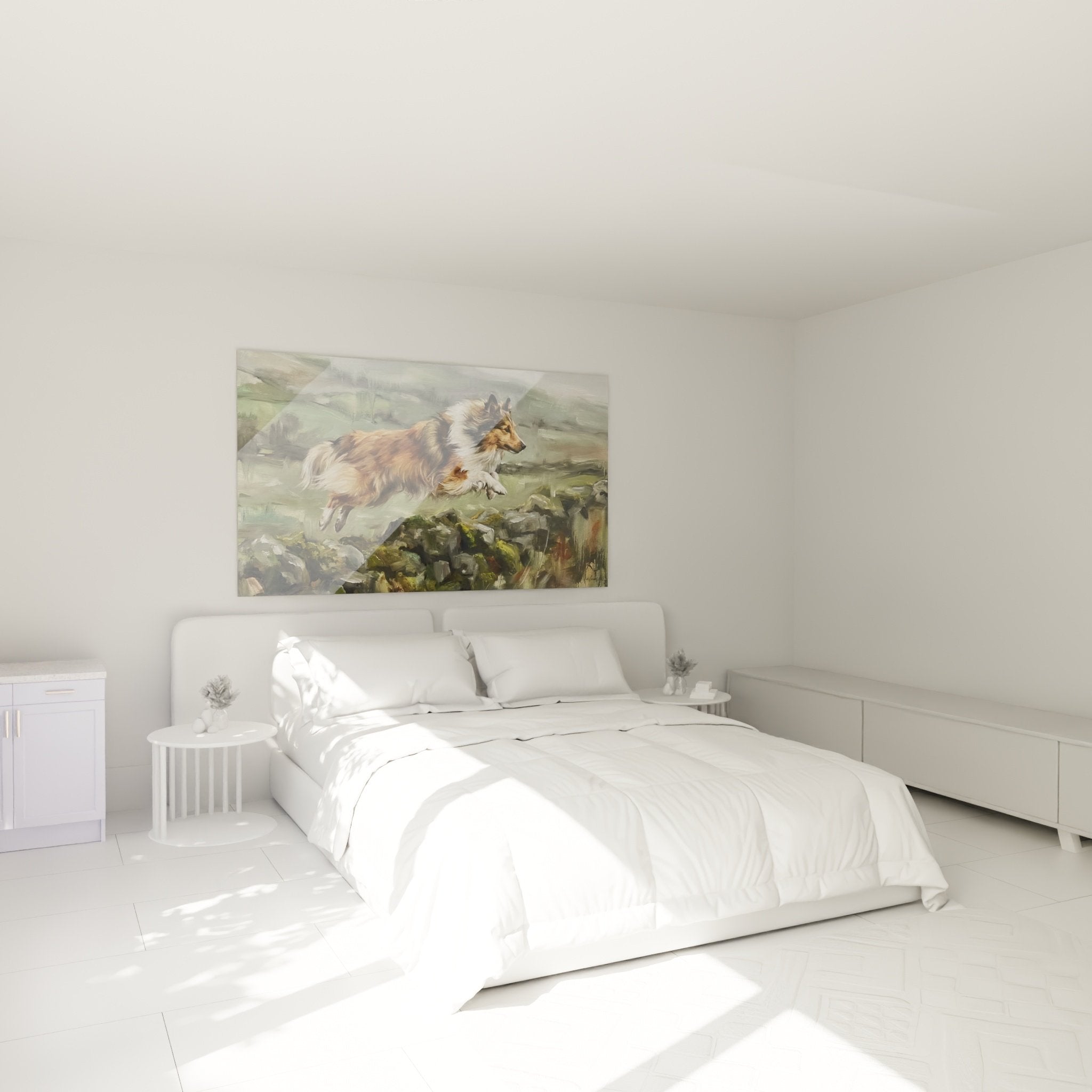 Décoration chambre avec tableau Berger des Shetland sautant, art mural tons chauds fauve rouille