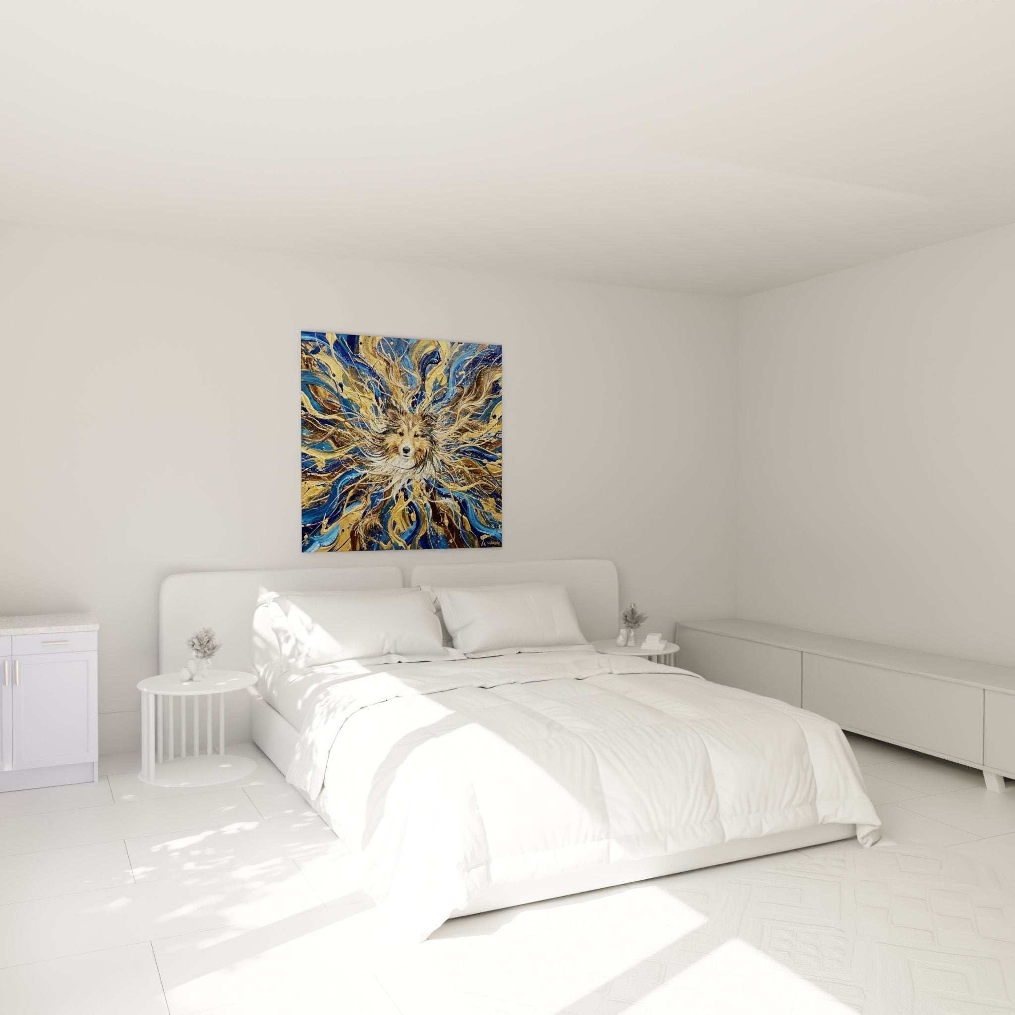 Decoration chambre tableau Berger des Shetland couleurs or bleu ambiance chaleureuse art mural moderne chien