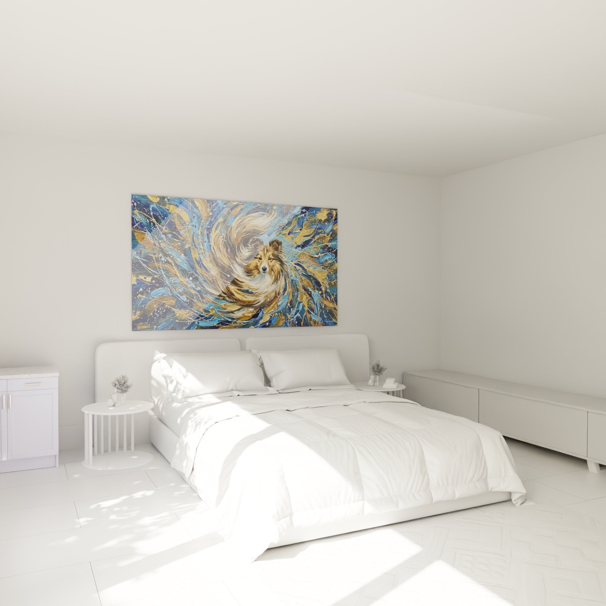 Deco chambre tableau berger shetland tourbillon couleurs chaudes ambiance cosy art mural moderne