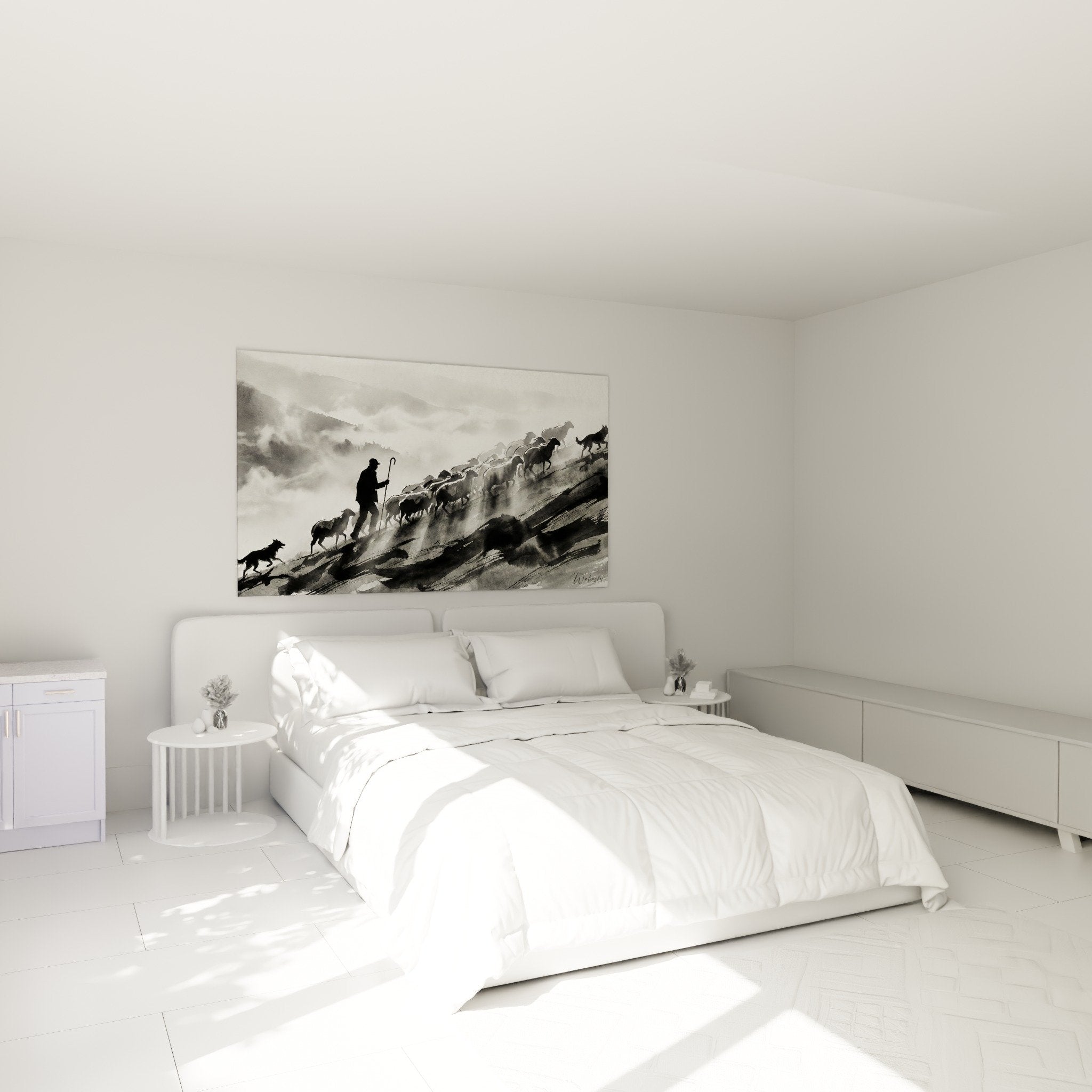 Decoration chambre tableau berger troupeau monochrome encre gris ambiance zen pastorale Pays Basque