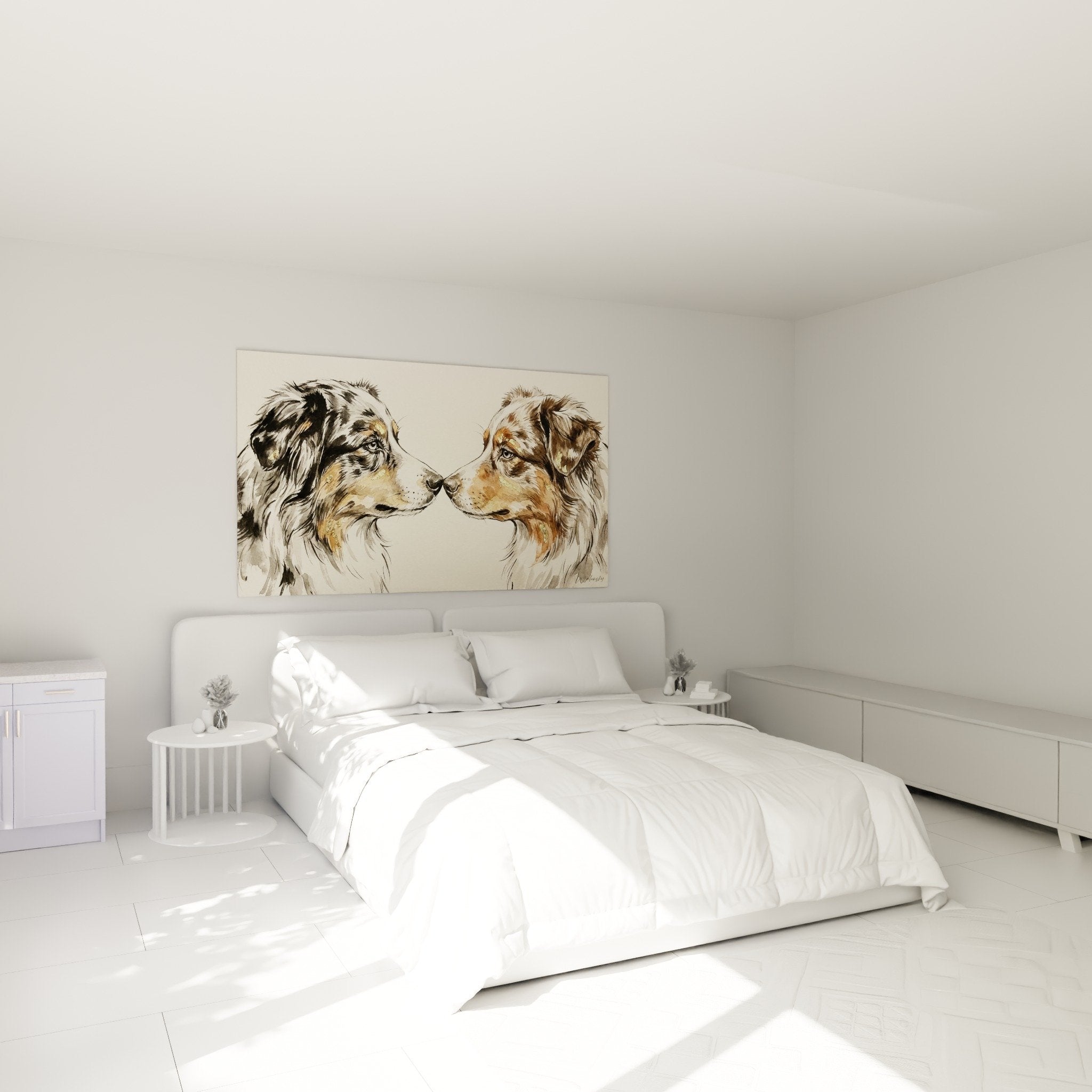 Deco chambre tableau bergers americains miniatures duo chiens expressifs ambiance chaleureuse