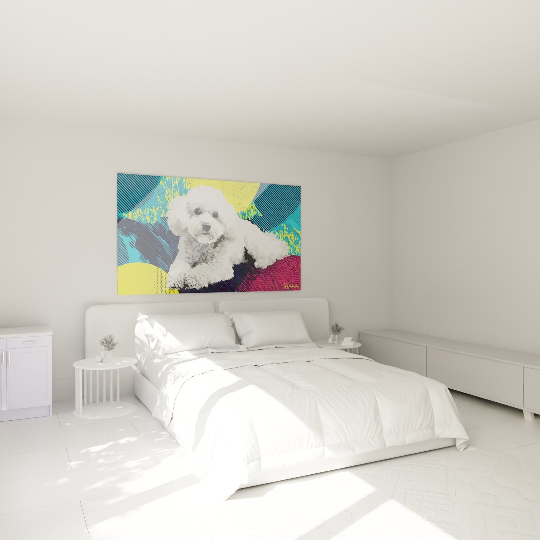 Decoration murale Bichon Frise art contemporain dans chambre moderne aux murs blancs