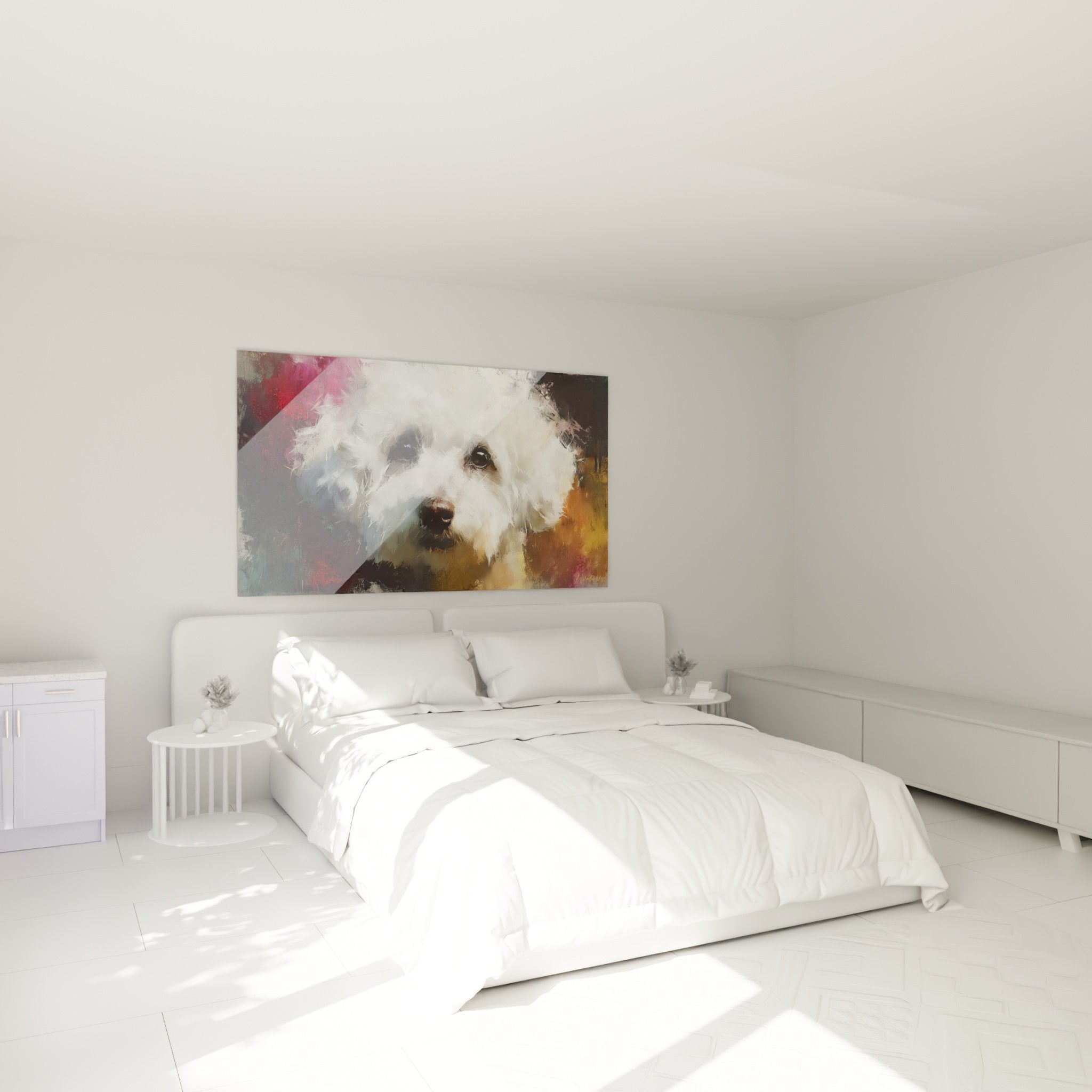 Décoration murale Bichon Frisé style artistique coloré dans chambre contemporaine élégante