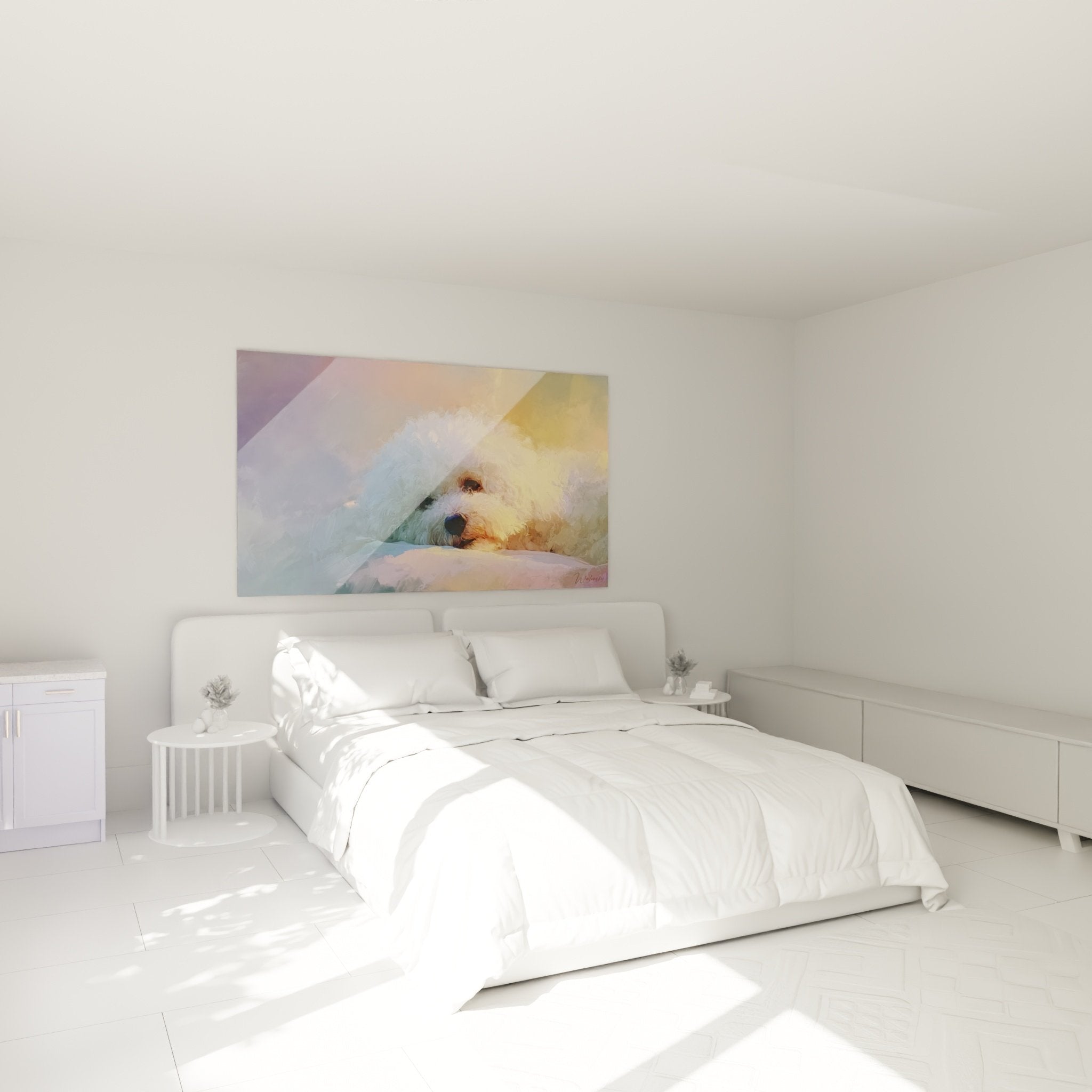 Déco chambre tableau Bichon Frisé bain couleurs douces violet doré ambiance cosy mur blanc