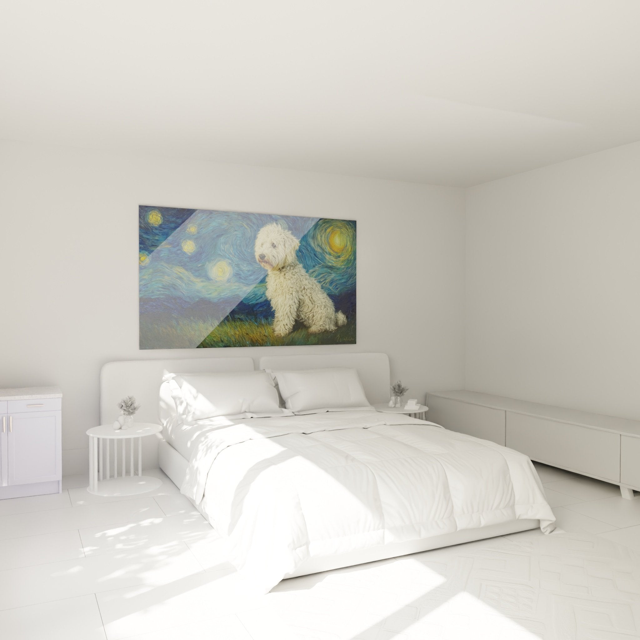 Schlafzimmerdekoration mit Bichon-Frisé-Gemälde Sternenklare Nacht in Blau- und Goldtönen an heller Wand
