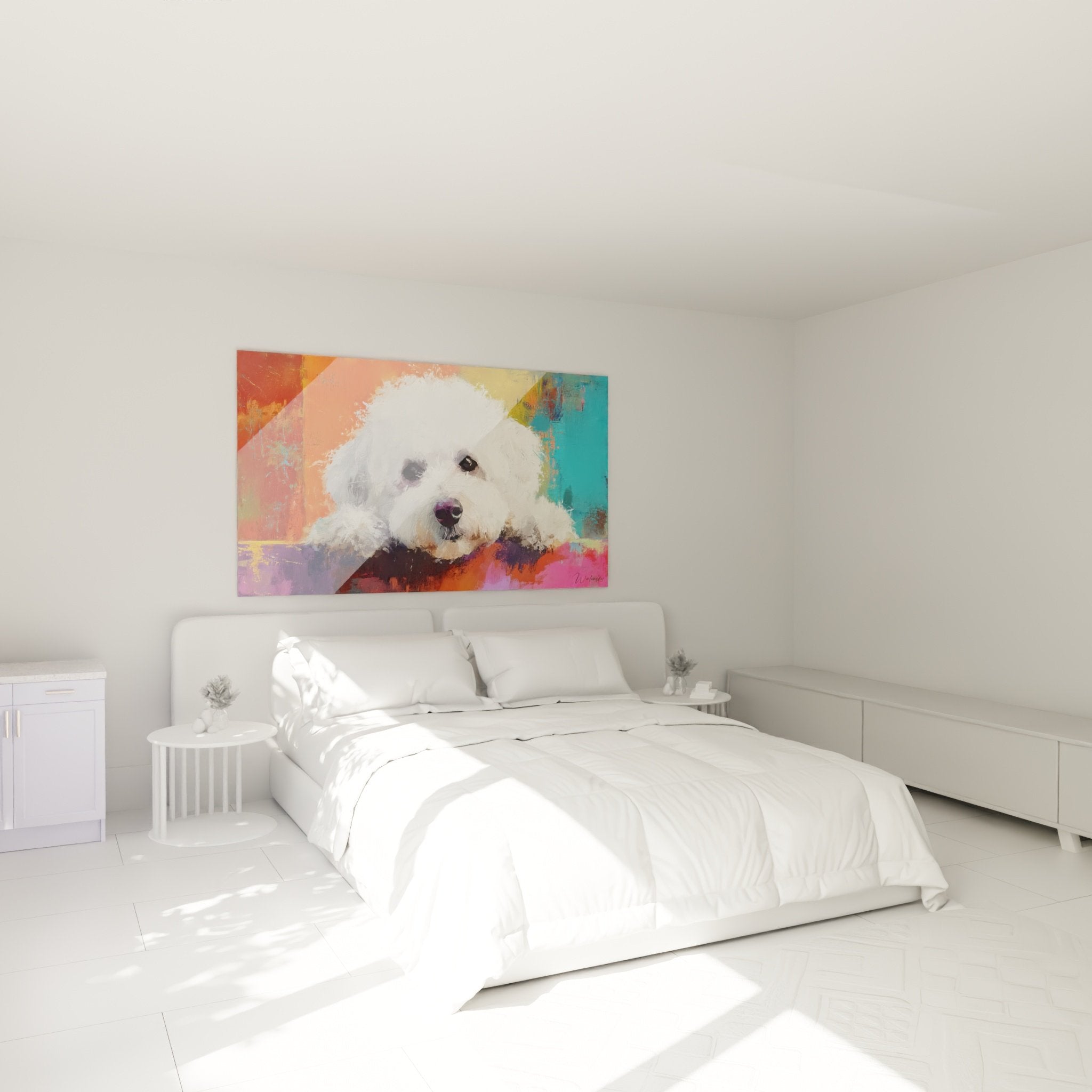 bichon frise painting vibrant colors wall art bedroom warm ambiance modern dog art