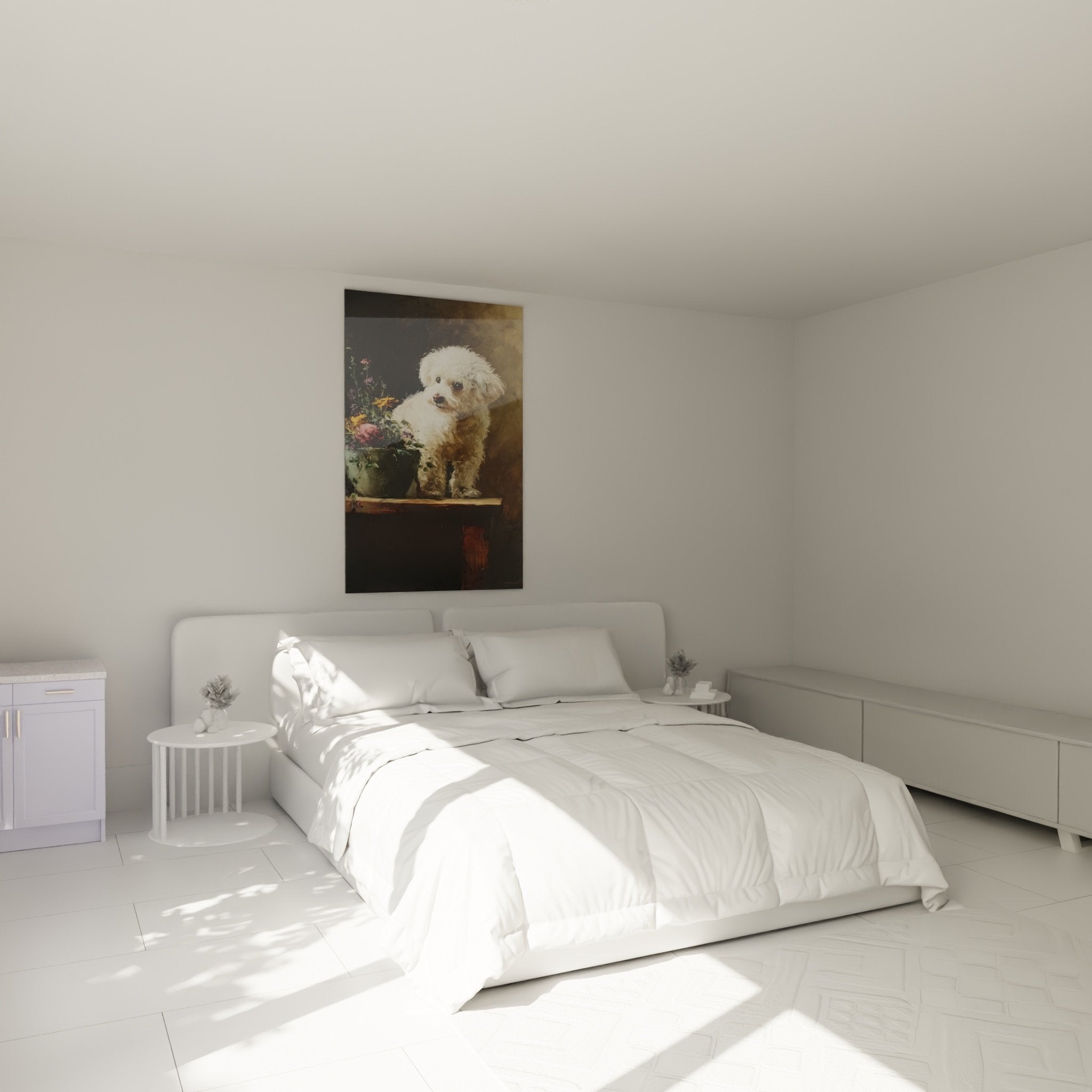 Schlafzimmer Deko Gemälde Hund Bichon Frise weiß Blumen rosa violett sanfte romantische Atmosphäre