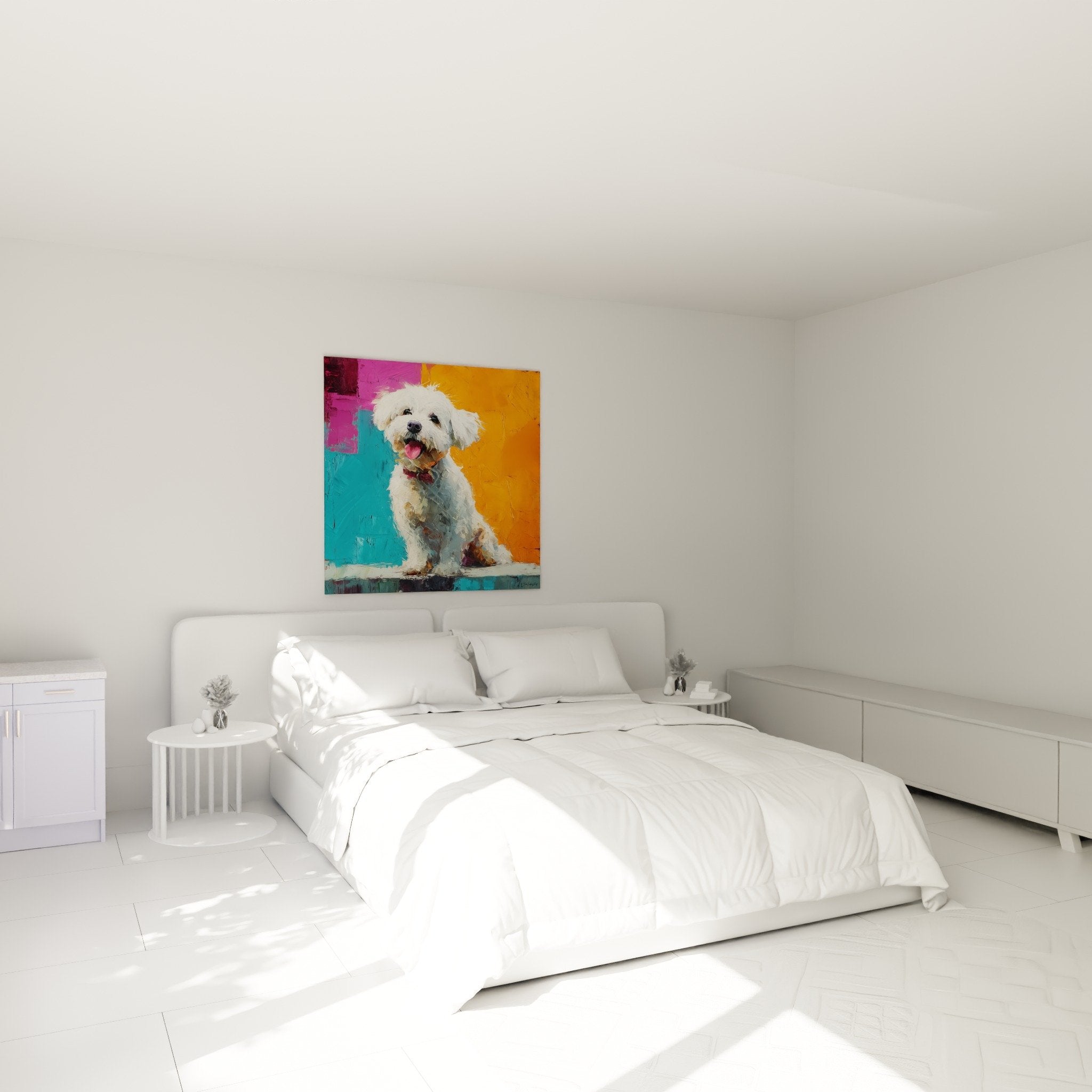 Quadro Bichon Havanais colorato che decora una camera moderna con pareti bianche