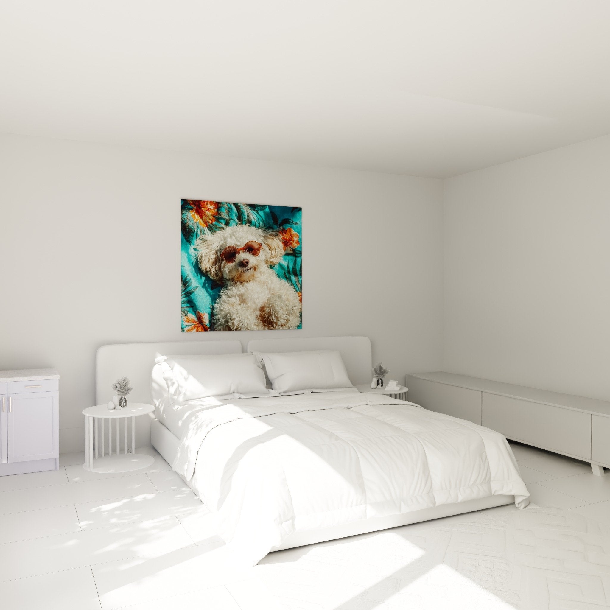 Tropical Havanese Bichon Painting in modern bedroom - colorful turquoise orange wall decoration