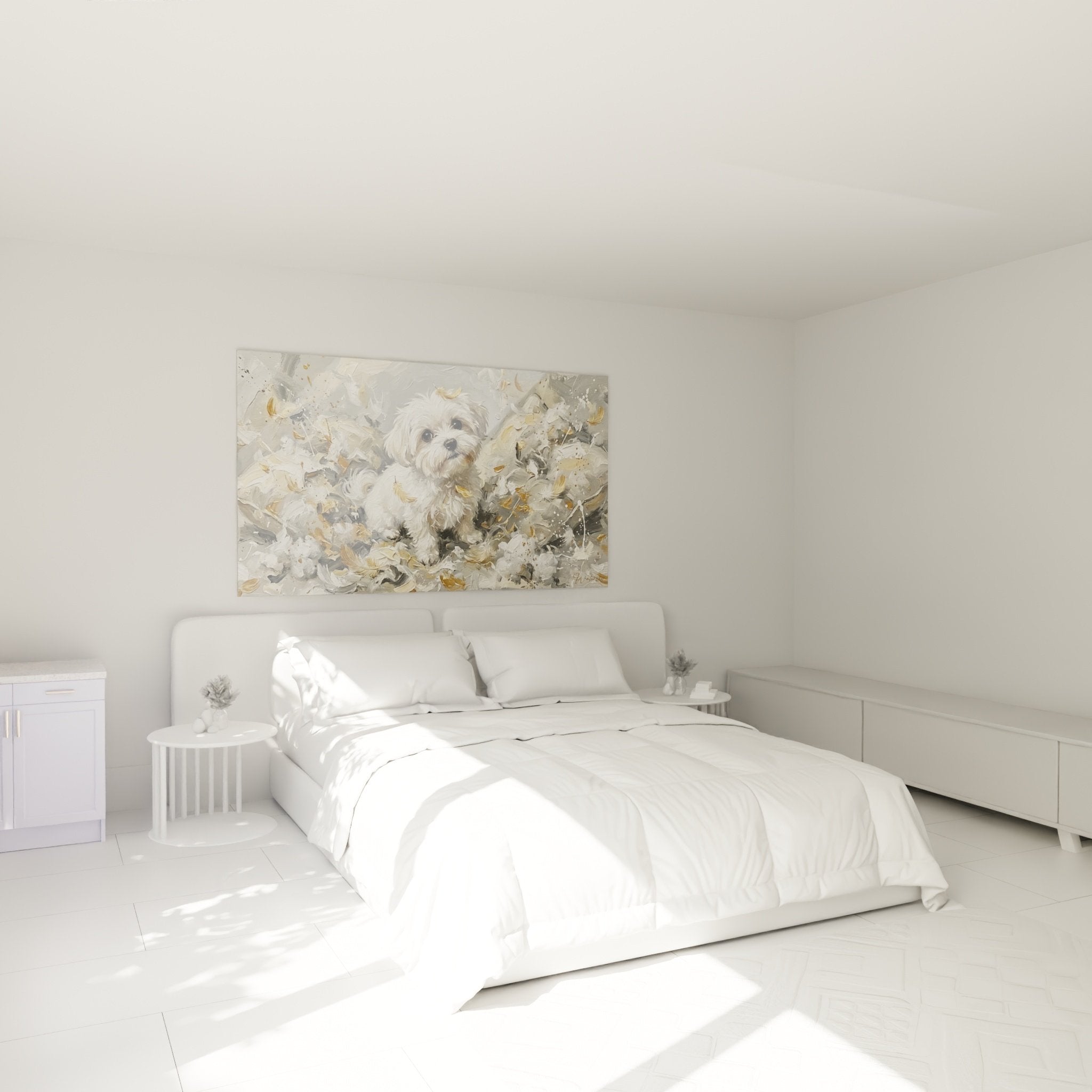 decoration murale bichon maltais chambre ambiance douce tableau blanc dore