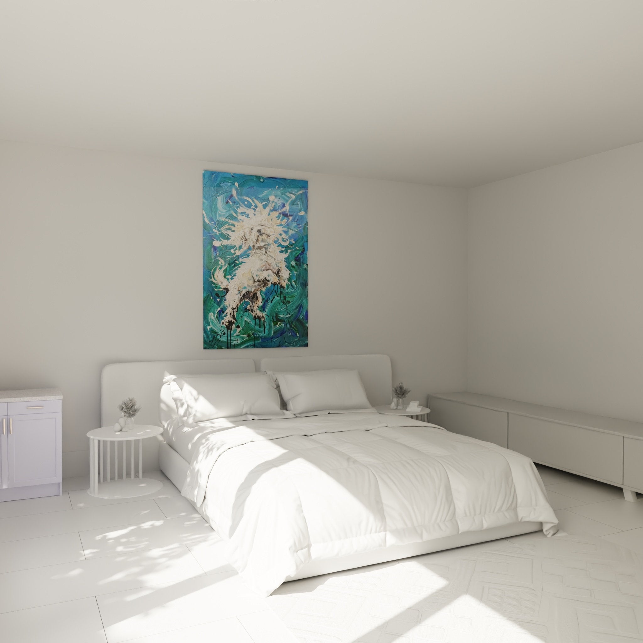 Künstlerische Wanddekoration Malteser Bichon mit Wasserfarben in minimalistischem modernem Schlafzimmer