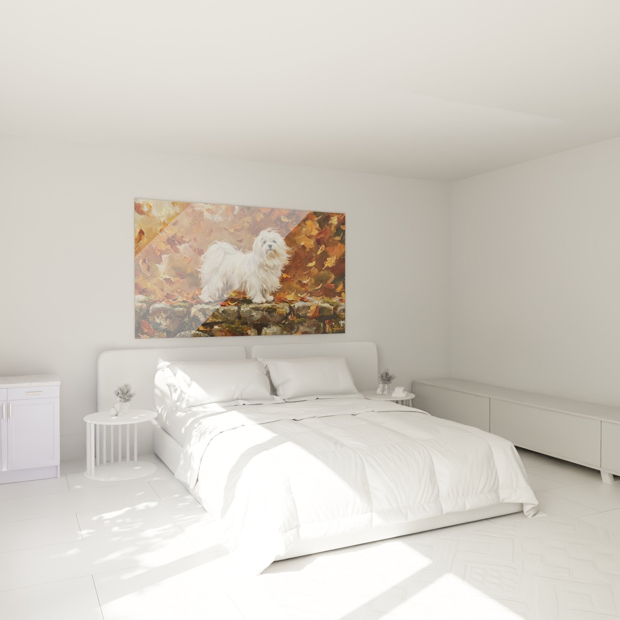 Déco chambre tableau Bichon Maltais blanc automne muret pierre ambiance chaleureuse tons cuivrés art animalier