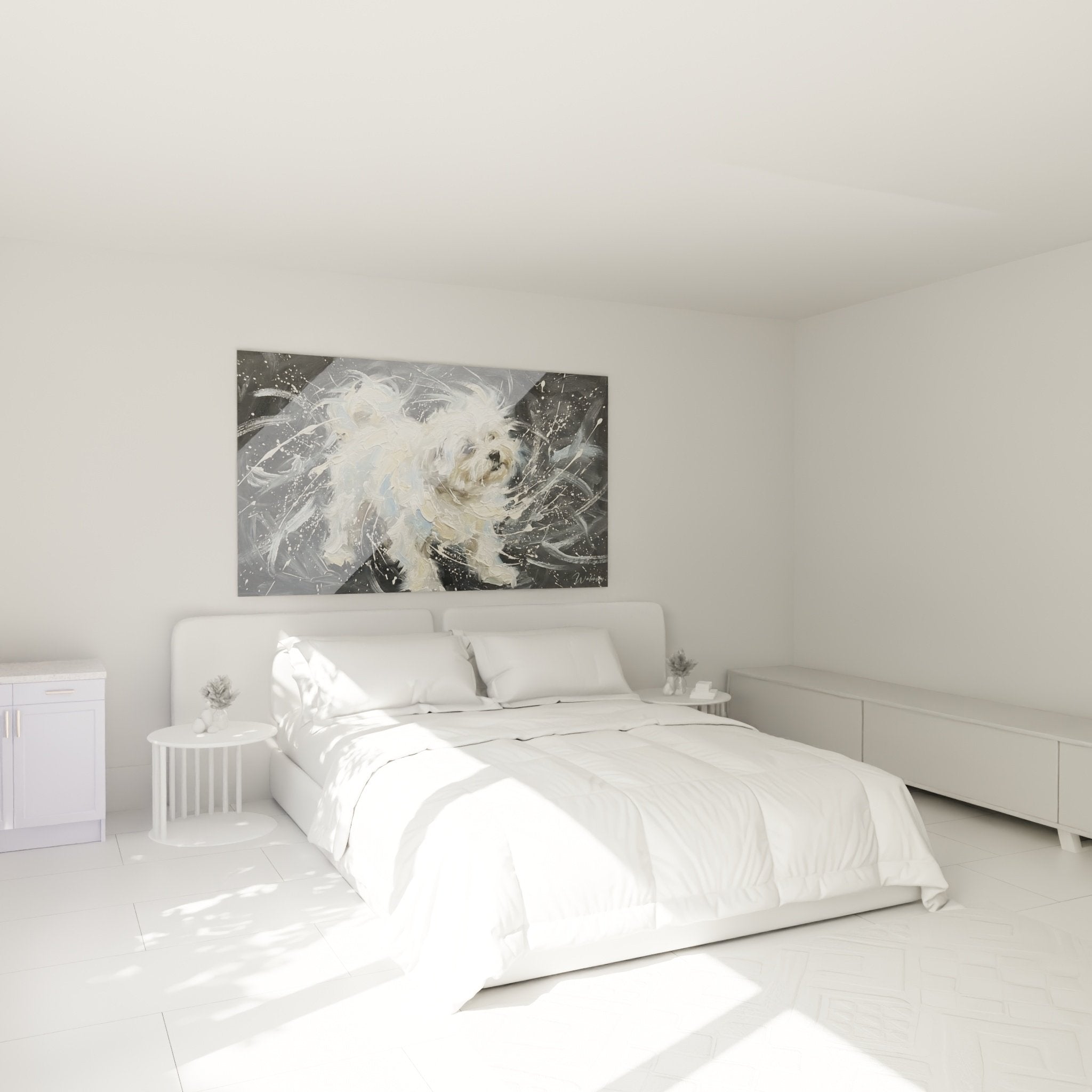 Schlafzimmerdekoration mit zeitgenösslichem Bichon-Malteser-Gemälde in Grautönen an weißer Wand