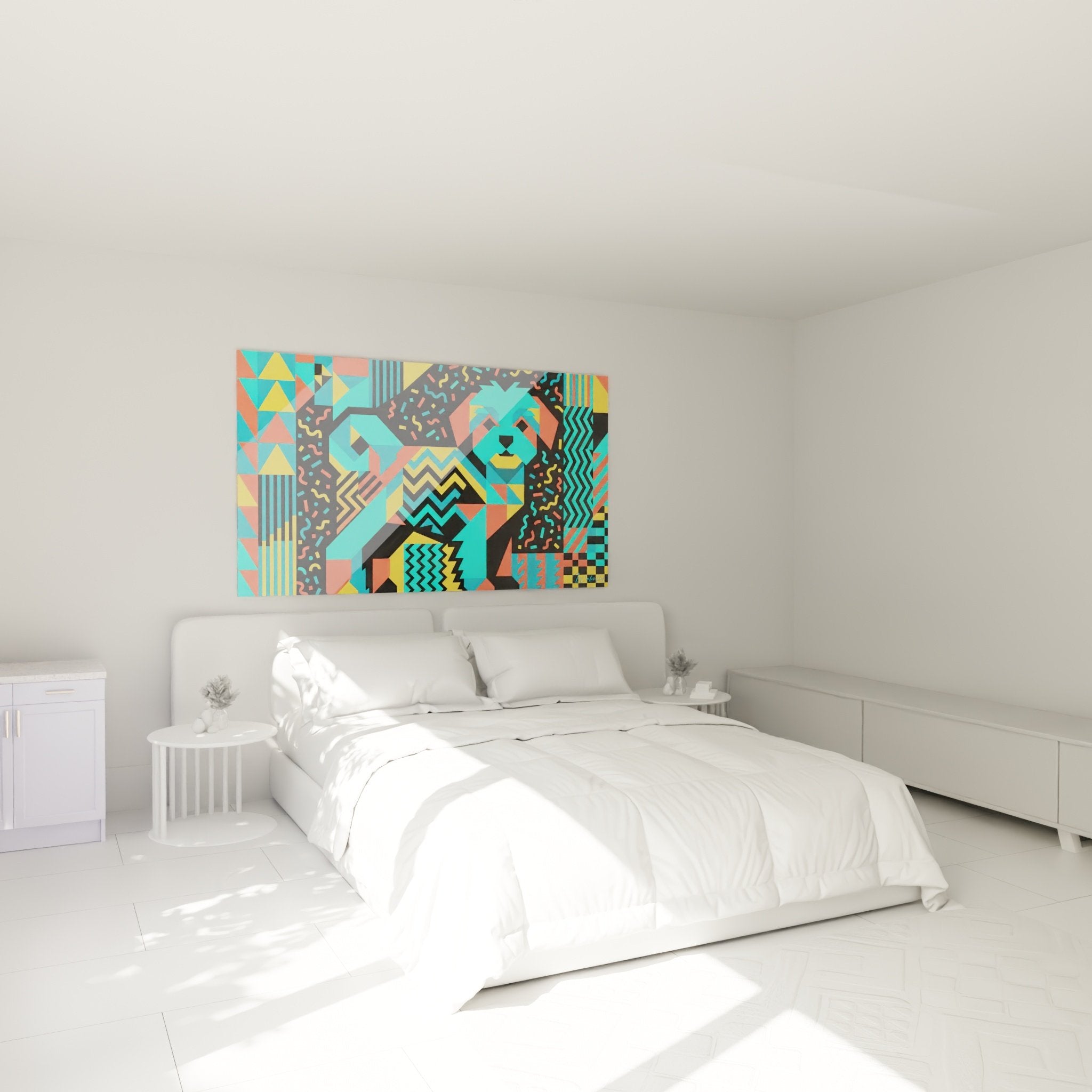 Tableau Bichon Maltais geometrique colore accroche chambre mur blanc decoration murale moderne art pop