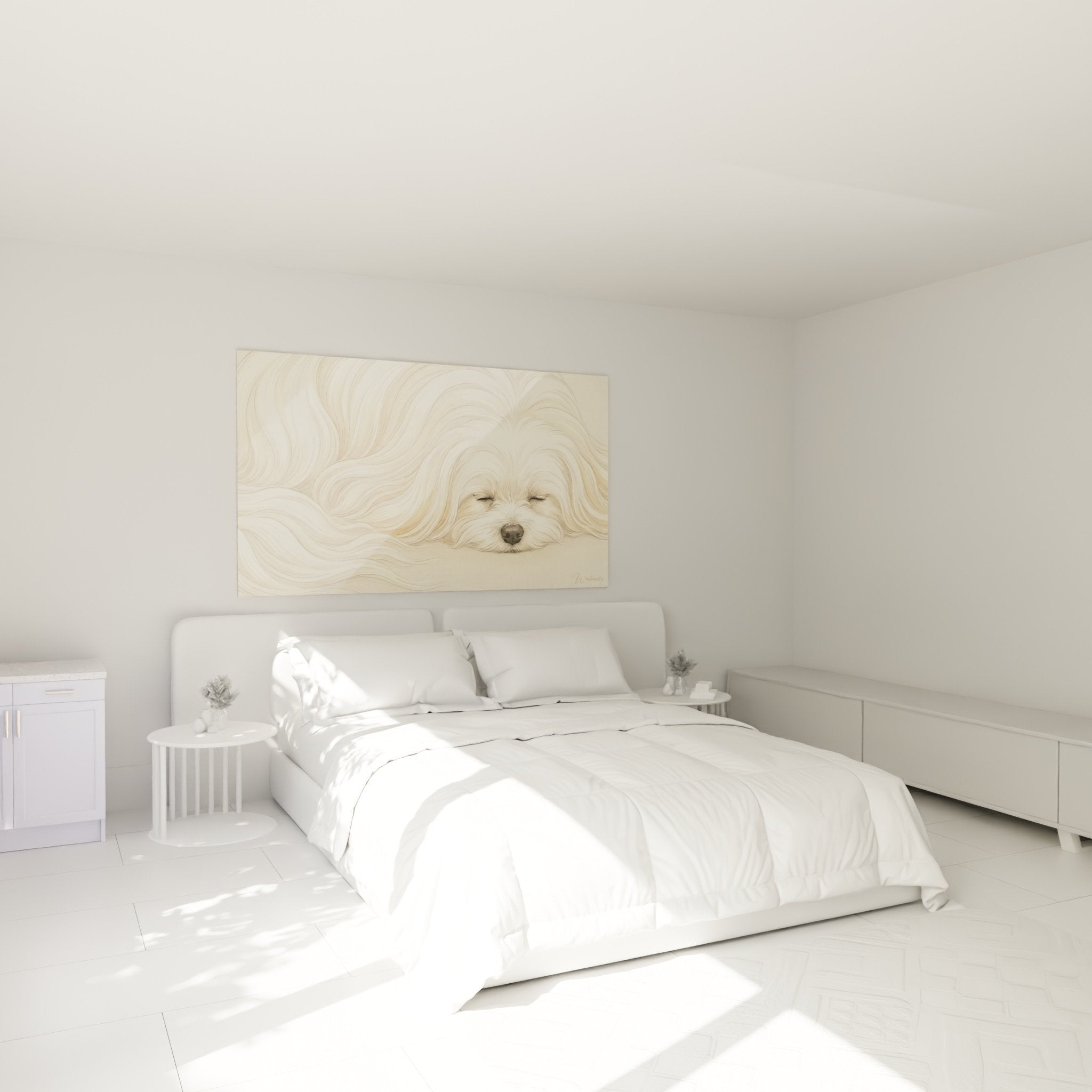 decoration murale chien maltais chambre ambiance douce tons beiges apaisante