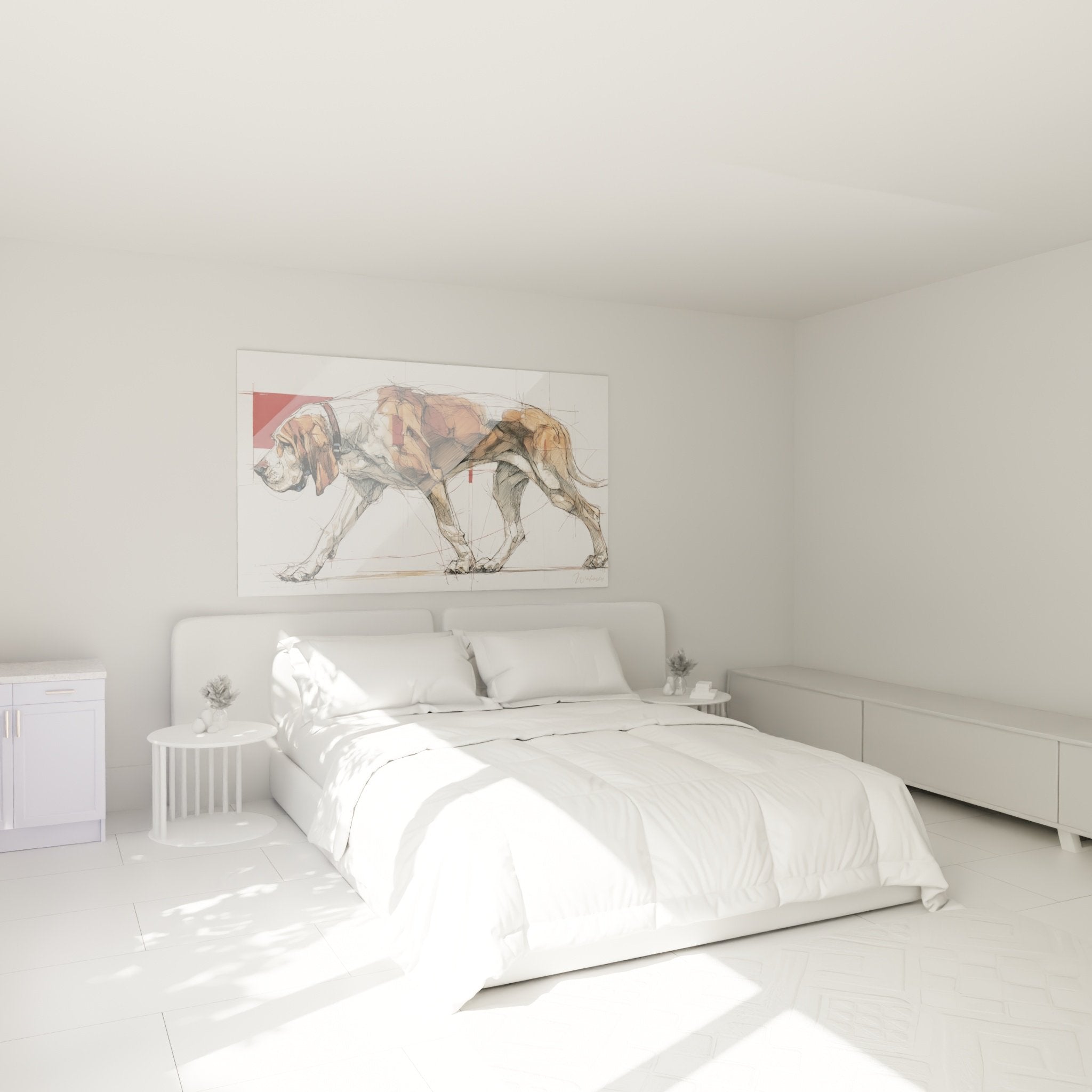 Decoration chambre tableau Bloodhound esquisse aquarelle ambiance chaleureuse tons terreux