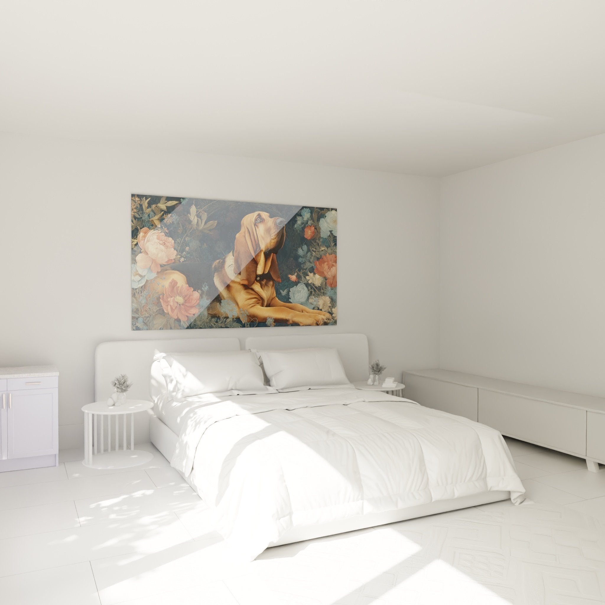 Déco chambre avec tableau chien Bloodhound fauve motifs floraux bleus corail