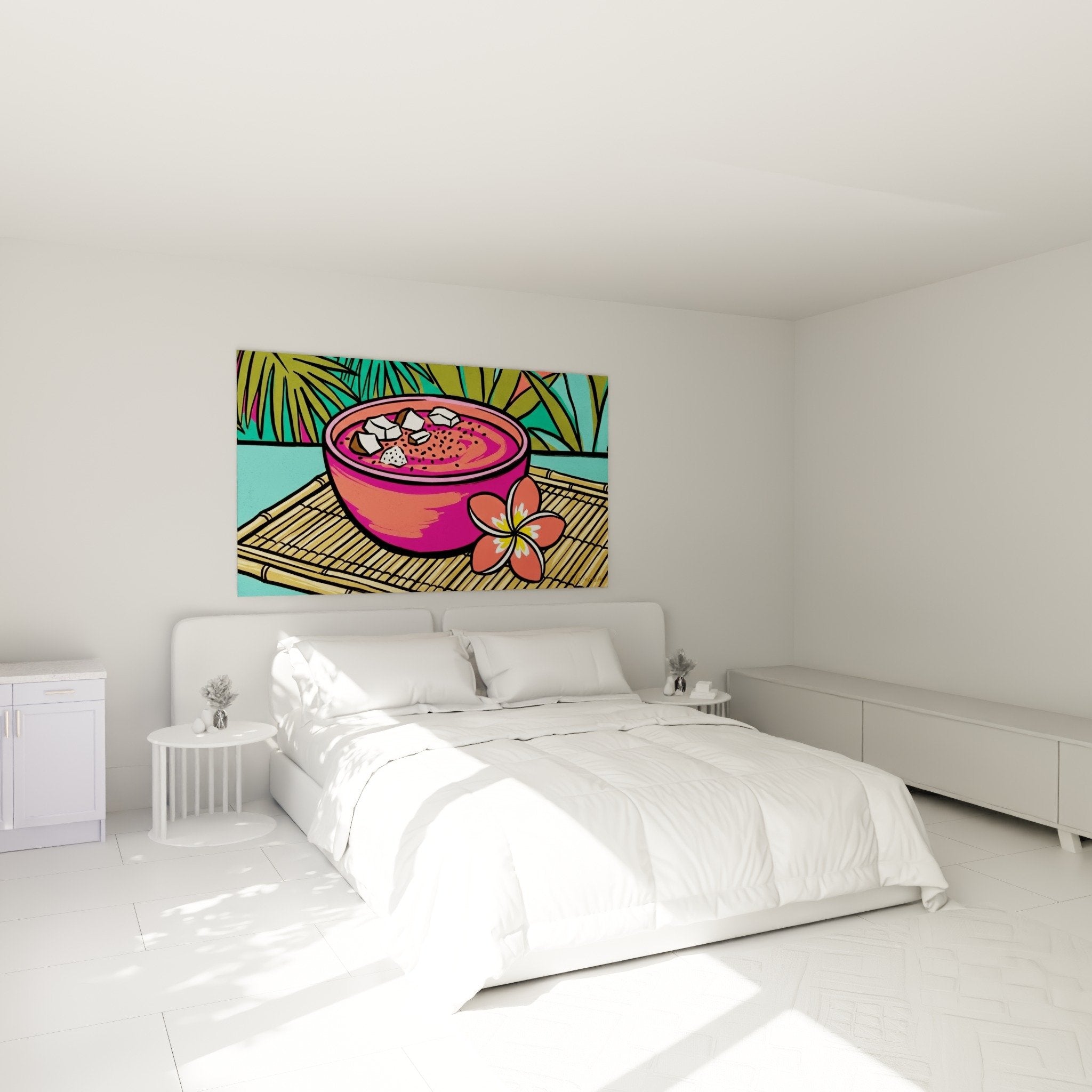 Décoration murale chambre bol exotique rose corail ambiance tropicale Bali relaxante