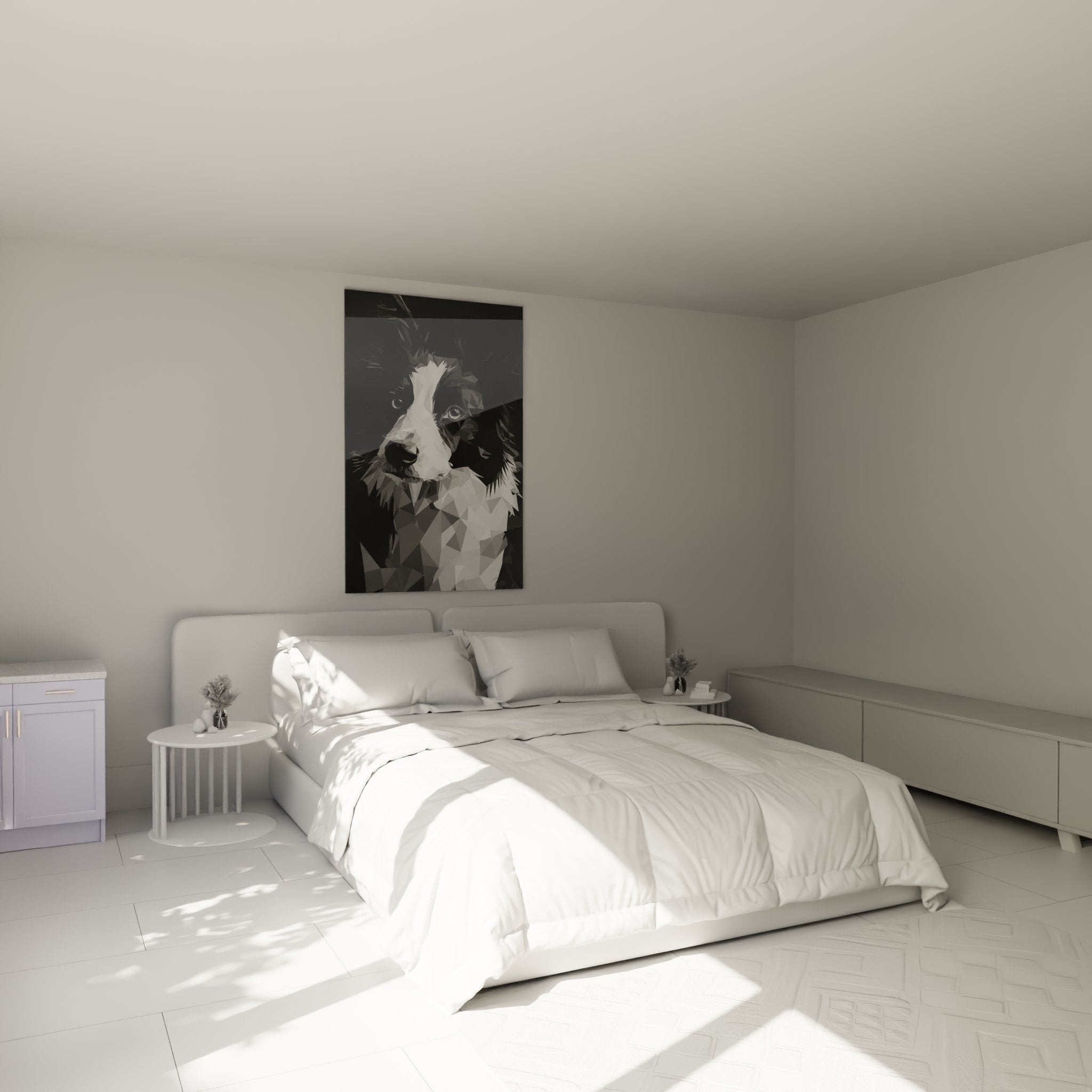 Decoration chambre tableau border collie geometrique noir blanc ambiance moderne contemporaine