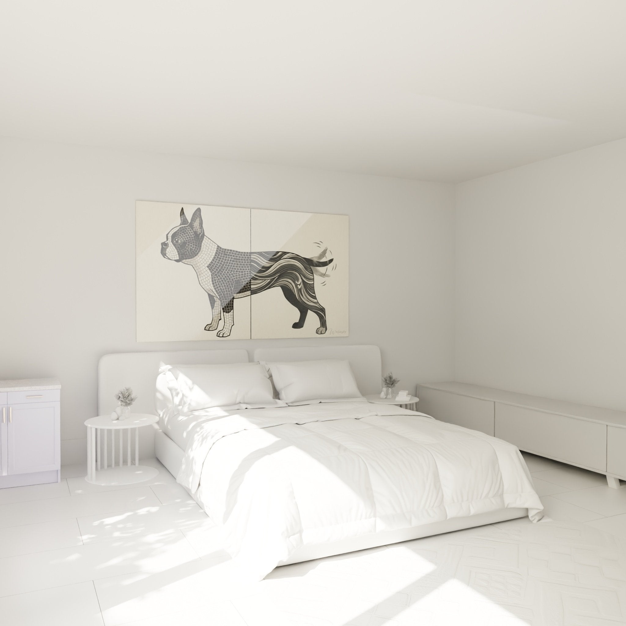 Déco chambre tableau Boston Terrier artistique mosaïque géométrique ambiance moderne élégante