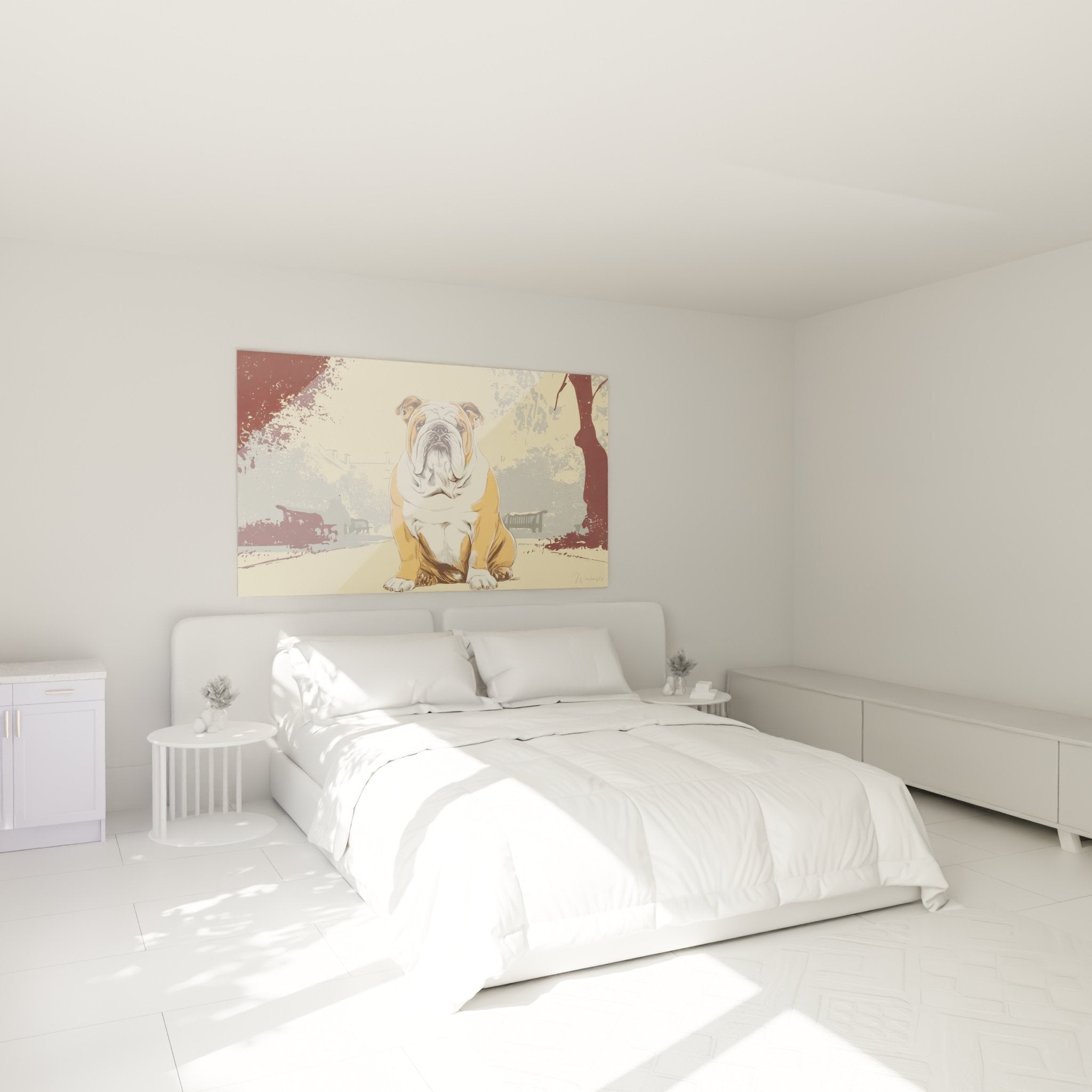 Tableau Bouledogue Anglais style vintage dans chambre moderne, décoration murale tons chauds et apaisants