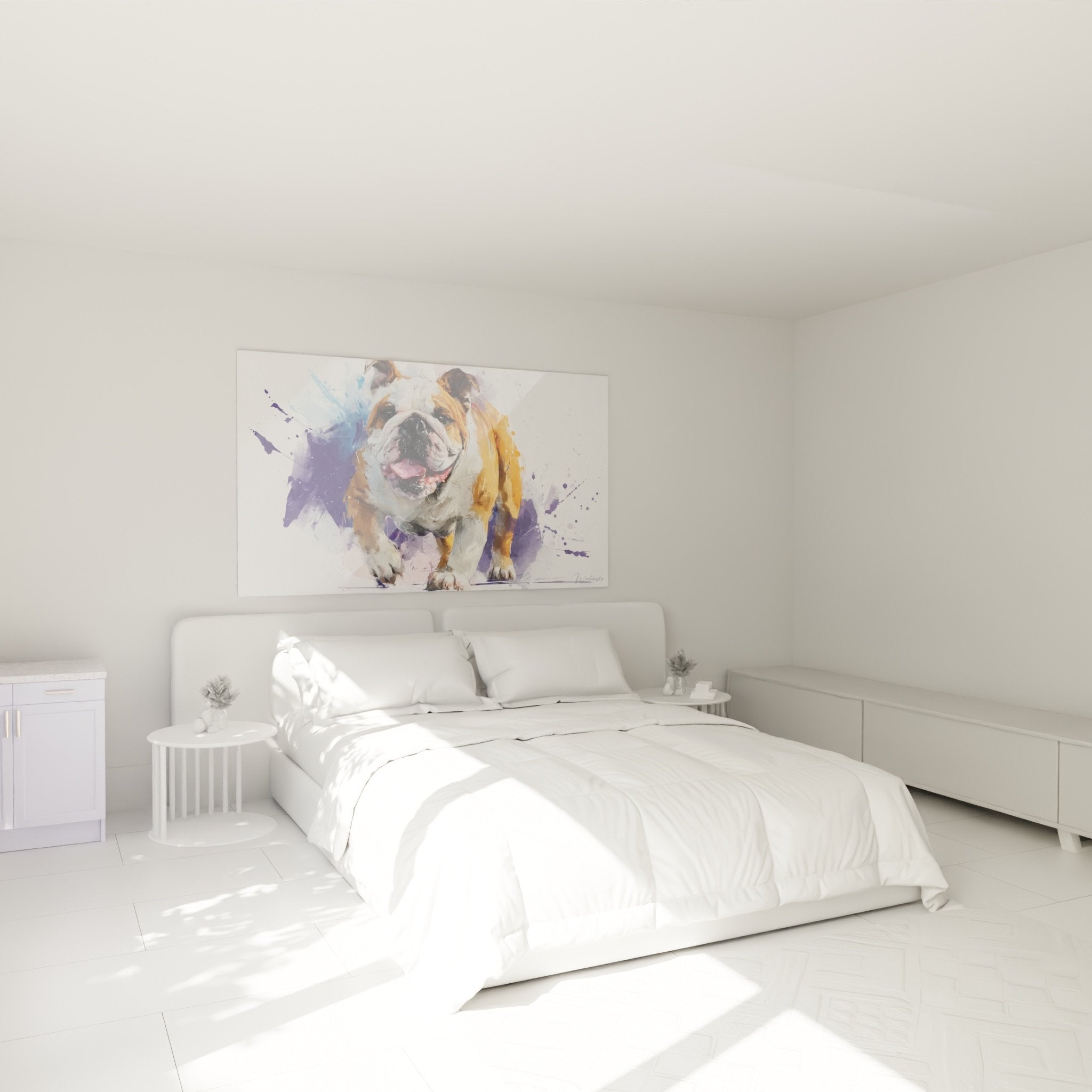 Deco chambre tableau bouledogue anglais coloré violet orange ambiance chaleureuse mur blanc moderne