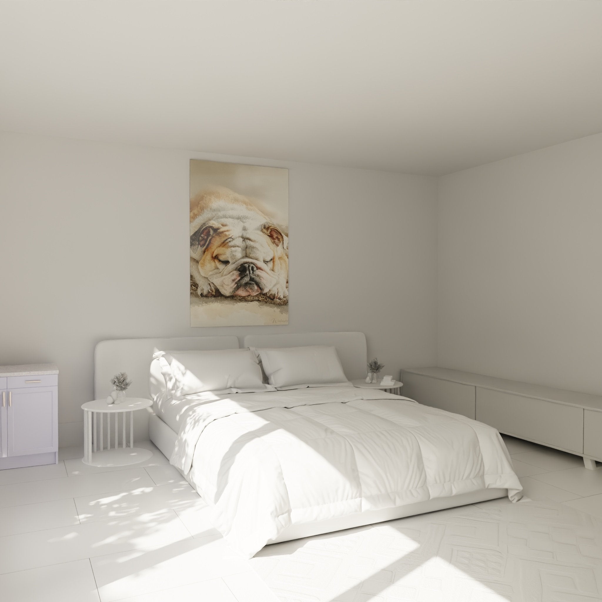 Décoration chambre tableau Bouledogue endormi ambiance cocooning tons neutres