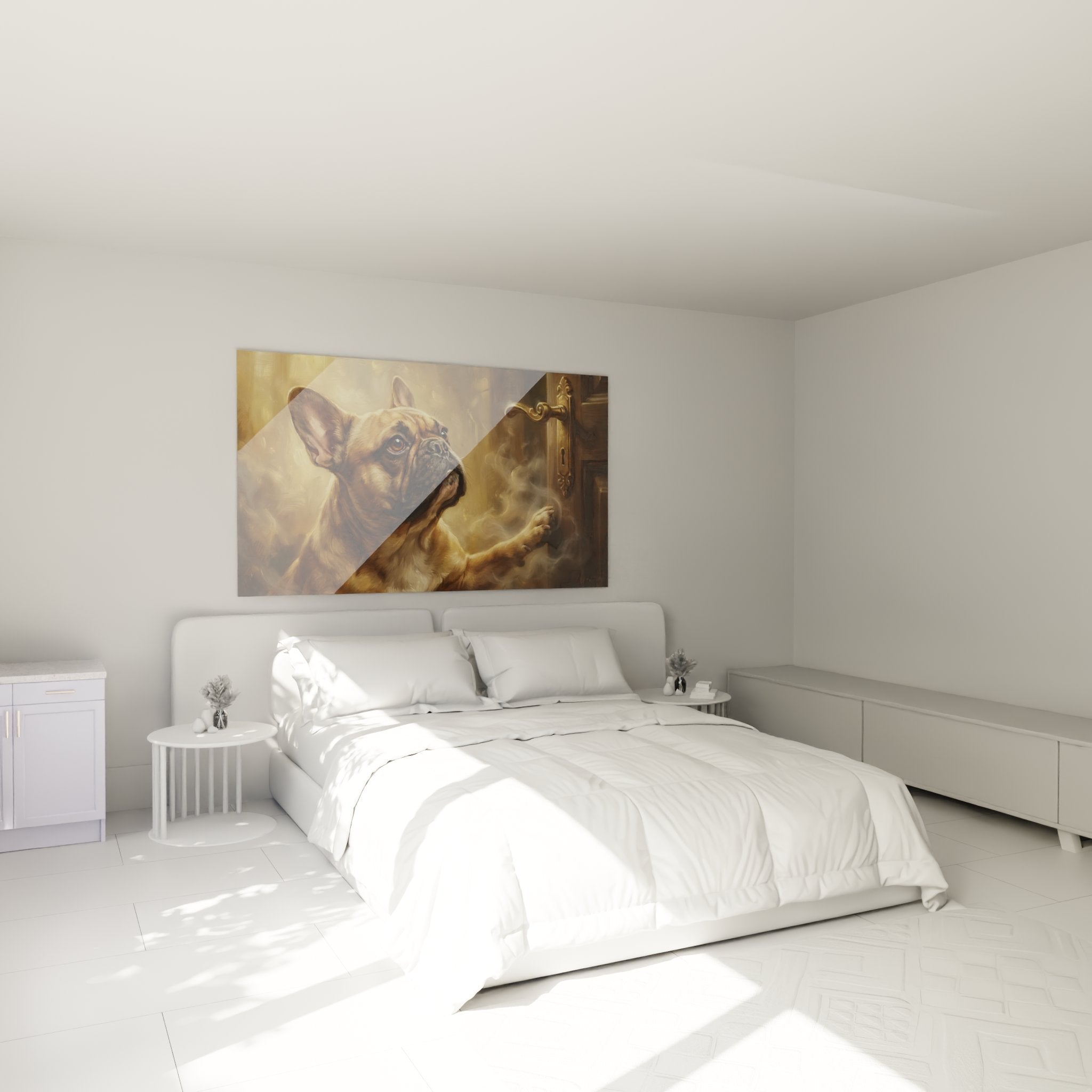 Schlafzimmer-Deko Französische Bulldogge Gemälde goldene Tür warme Töne elegante Wandkunst gedämpfte Atmosphäre