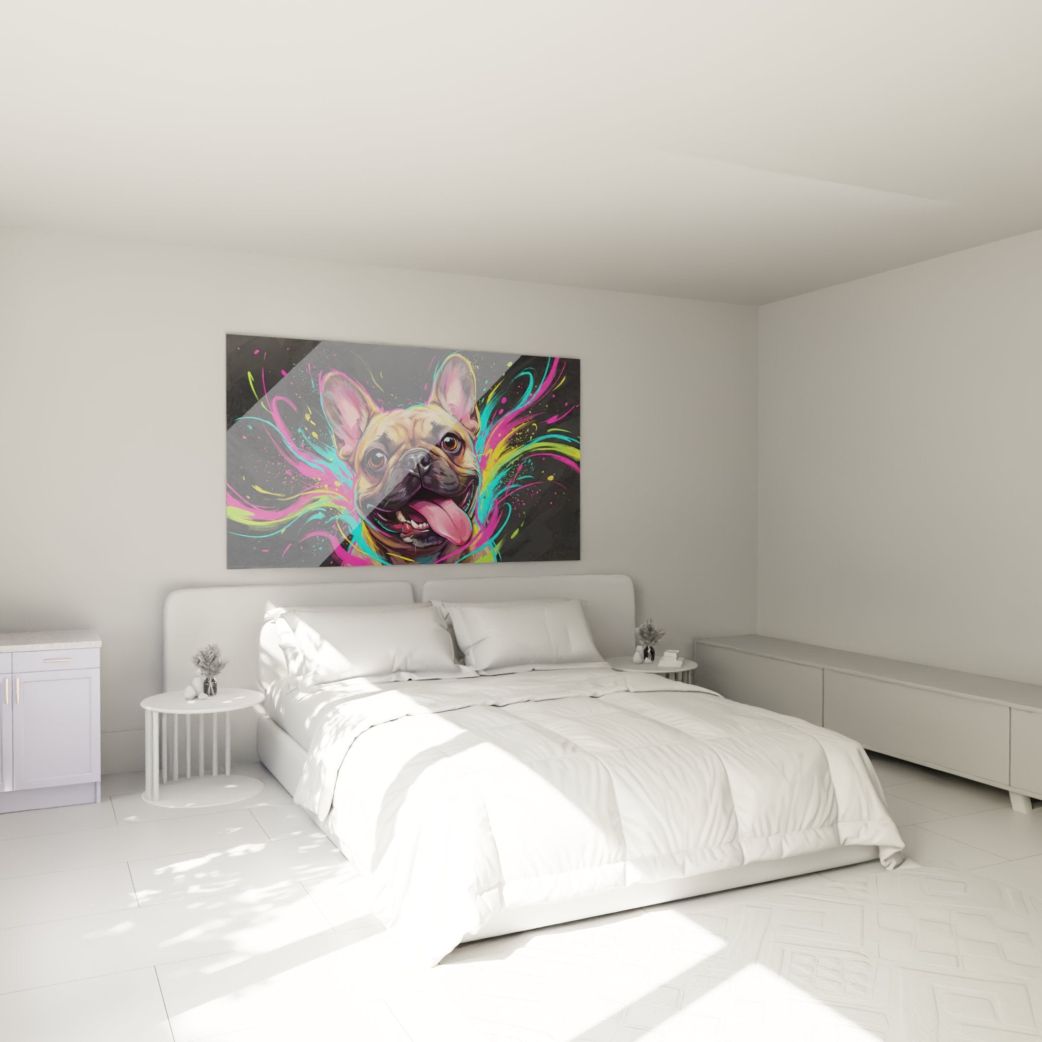 Décoration chambre avec tableau bouledogue français multicolore éclaboussures artistiques ambiance contemporaine