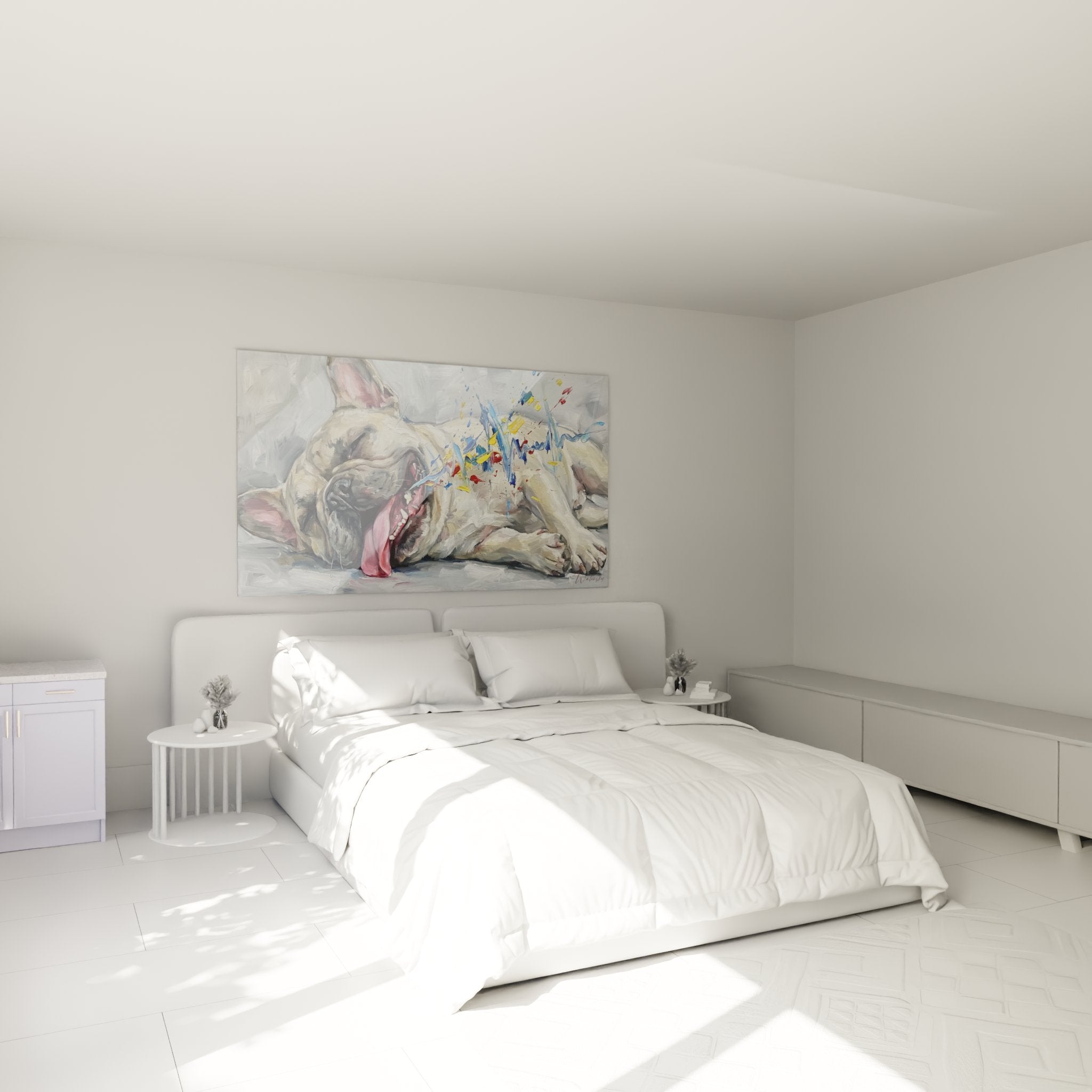 Décoration murale bouledogue français coloré dans chambre moderne avec éclaboussures artistiques