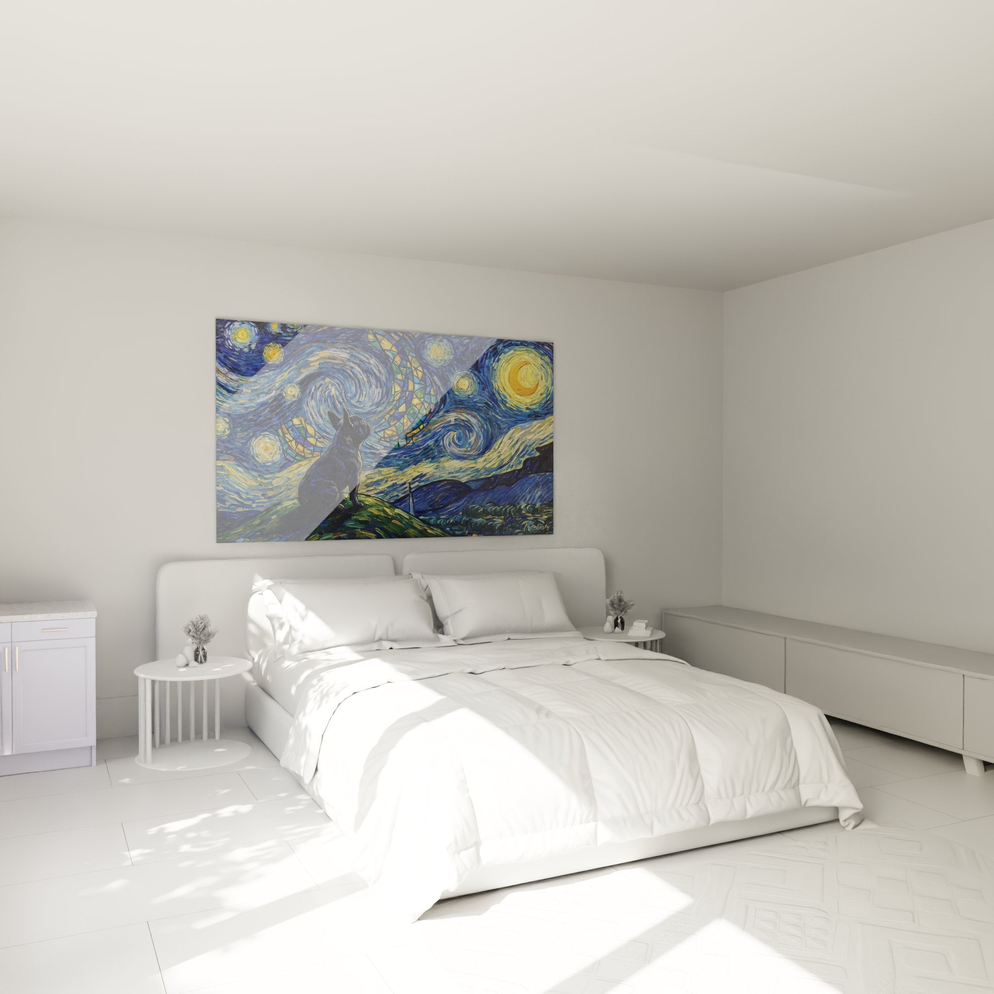Decoration chambre avec tableau bouledogue francais sous ciel etoile bleu et dore ambiance poetique
