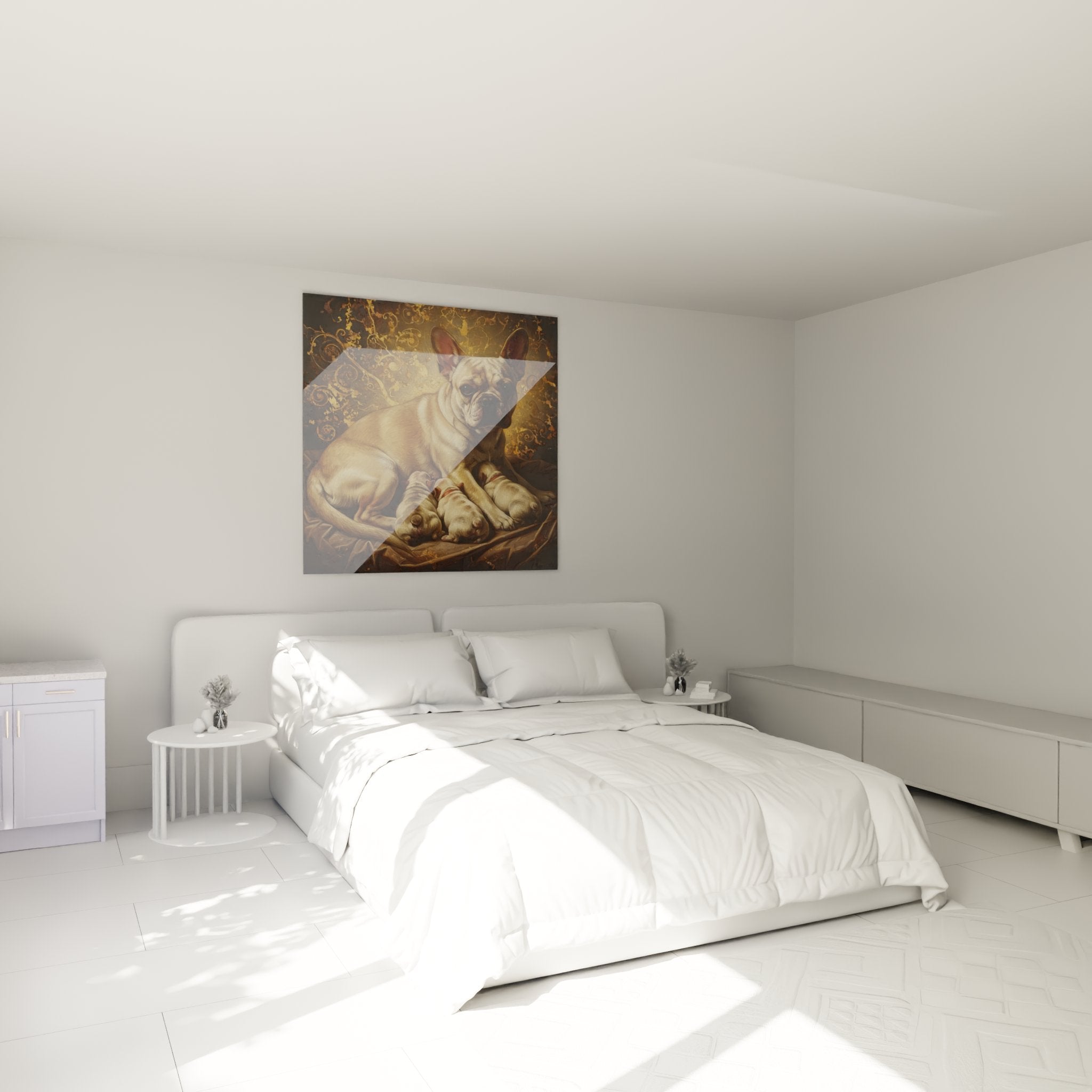 decorazione camera quadro bulldog francese madre e cuccioli toni beige dorati atmosfera accogliente
