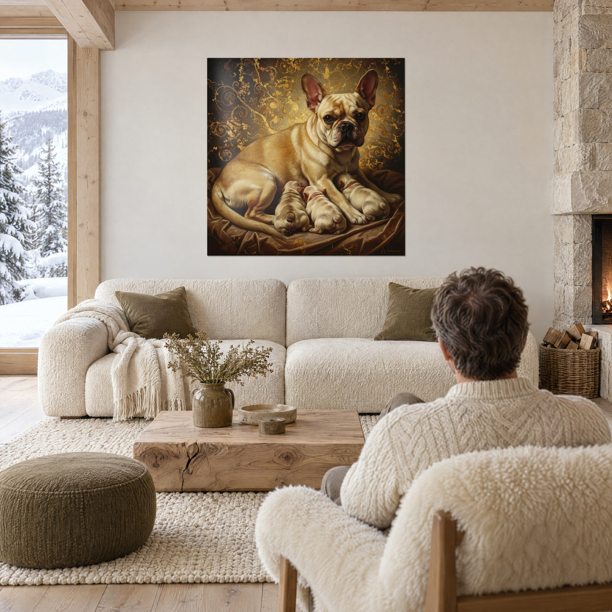 Gemälde Französische Bulldogge creme, säugend mit drei Welpen vor goldenen Schnörkeln, über einem Sofa in einem hellen Wohnzimmer