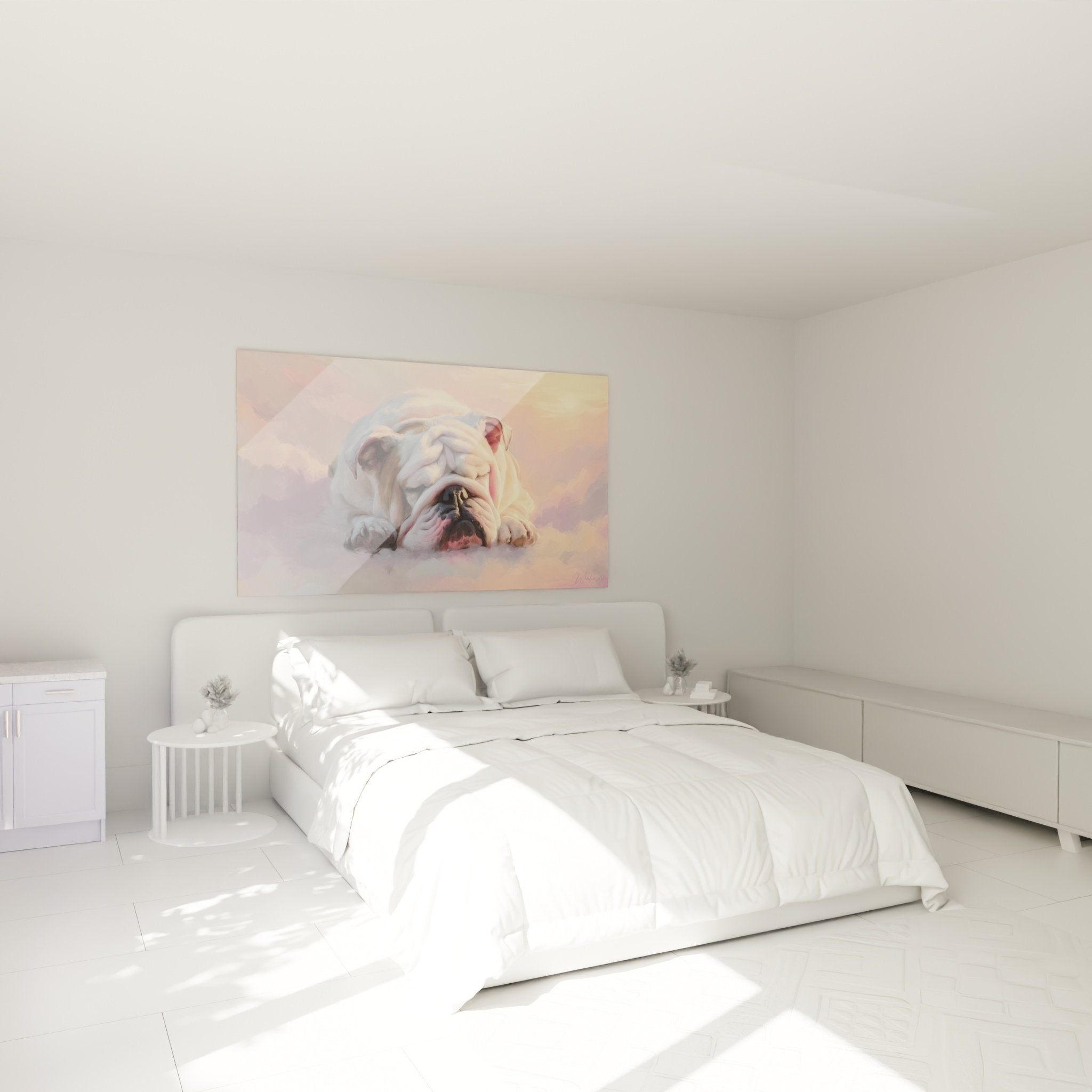 decorazione murale bulldog inglese nuvole pastello in camera moderna rilassante