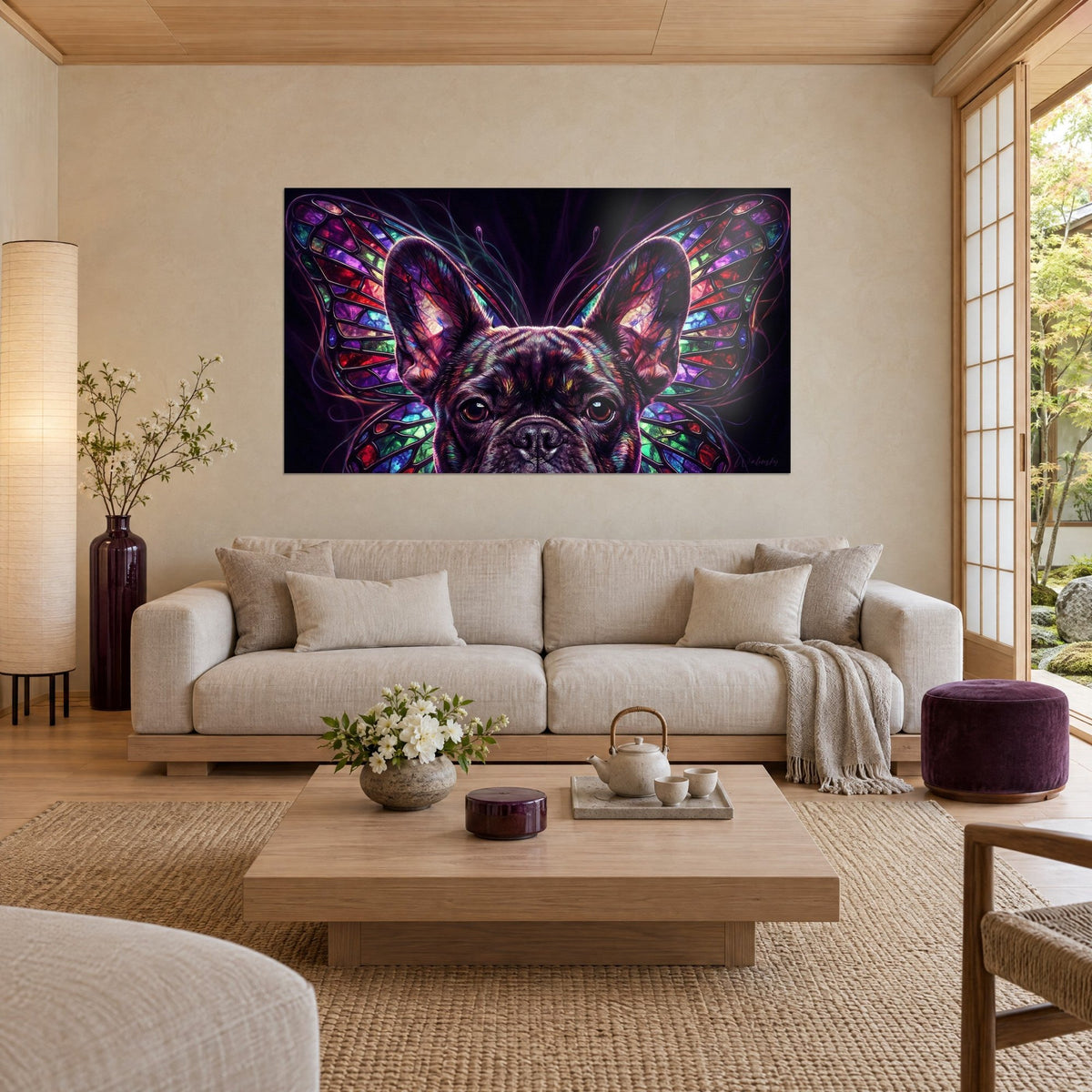 Wall art French bulldog with butterfly wings in purple and green stained glass, black background, hung above a sofa in a bright living room