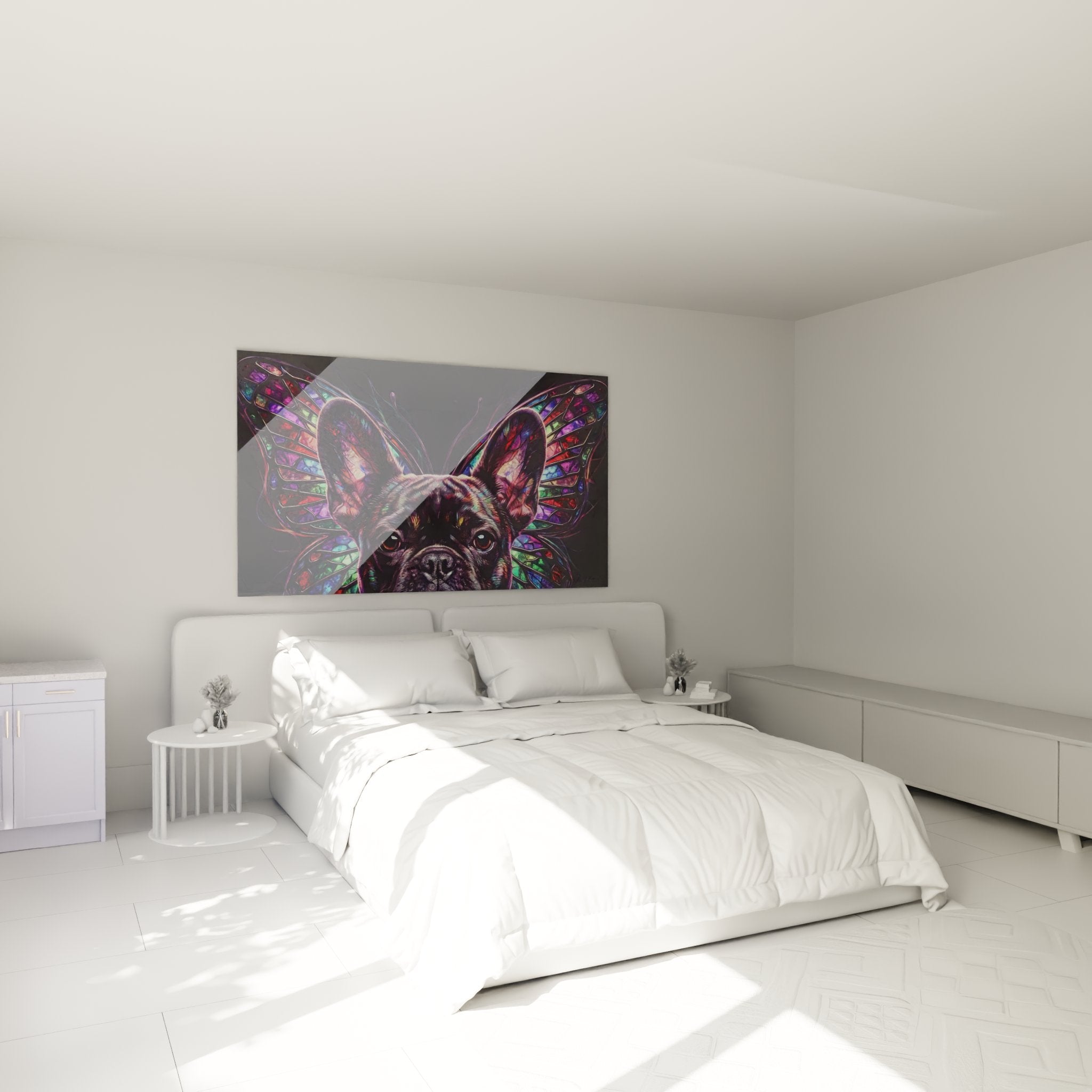 Wanddekoration Bulldogge Schmetterling Buntglas im modernen Schlafzimmer graue Wand farbenfrohe zauberhafte Atmosphäre