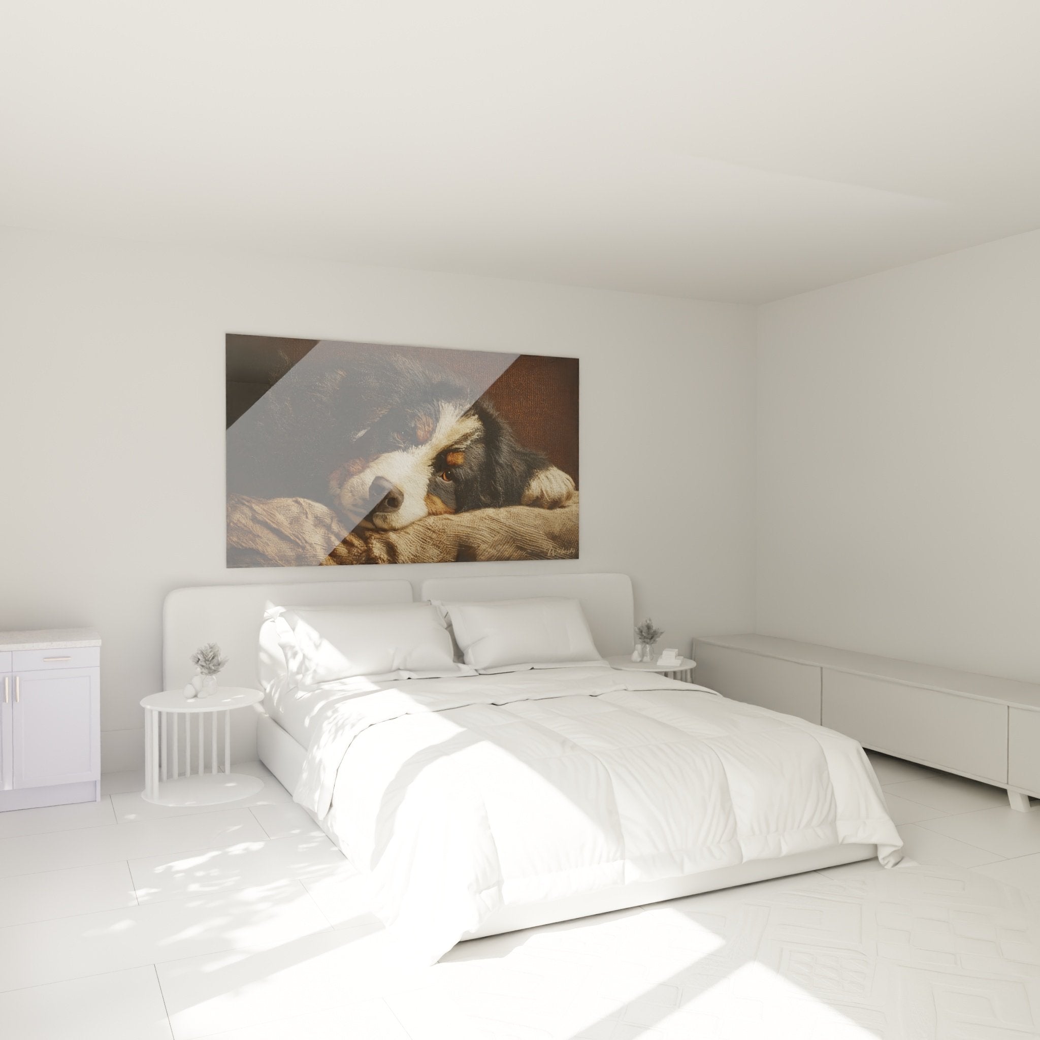 Bernese Mountain Dog bedroom decor with melancholic gaze painting, soft and warm atmosphere