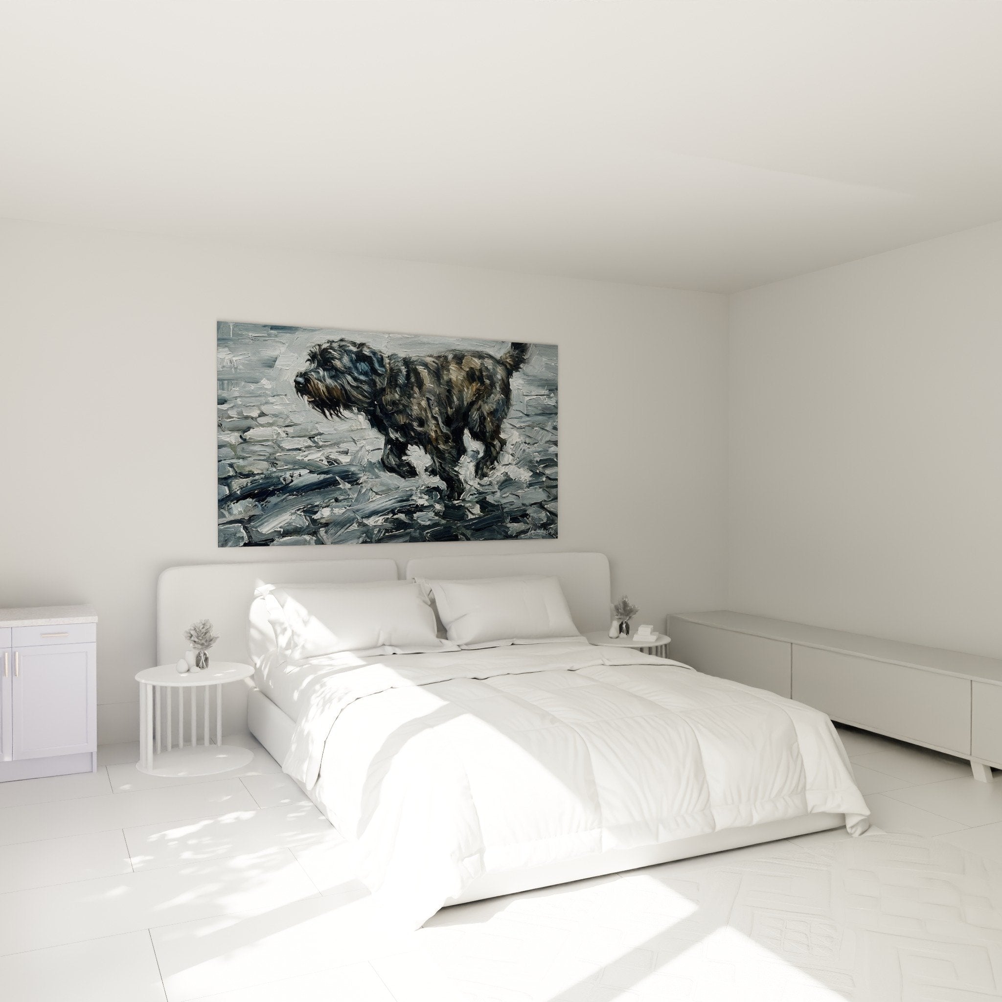 Quadro Bovaro delle Fiandre acquatico che decora una camera moderna con pareti chiare e arredamento contemporaneo