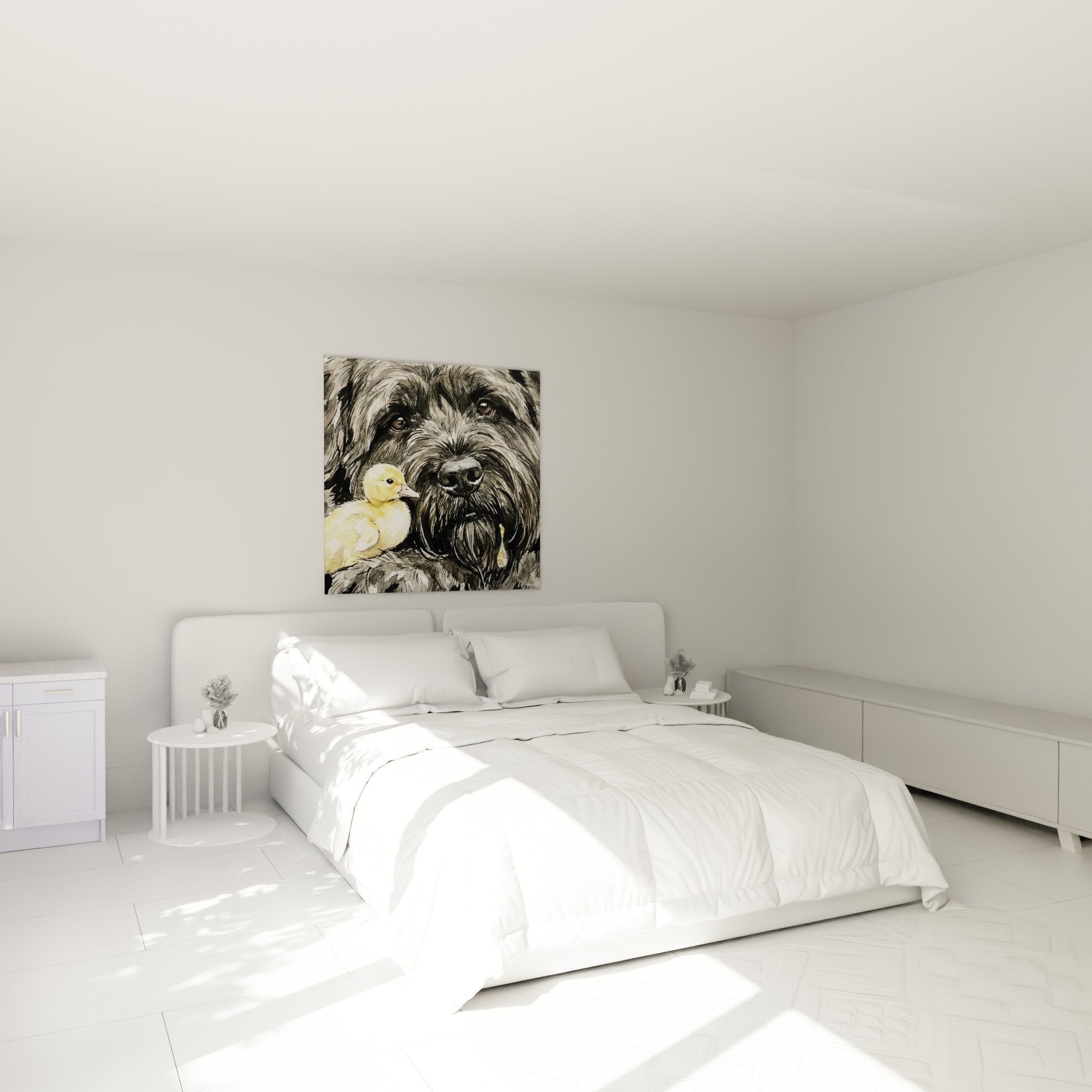 Decorazione murale camera con Bovaro delle Fiandre e anatroccolo, atmosfera dolce e protettiva