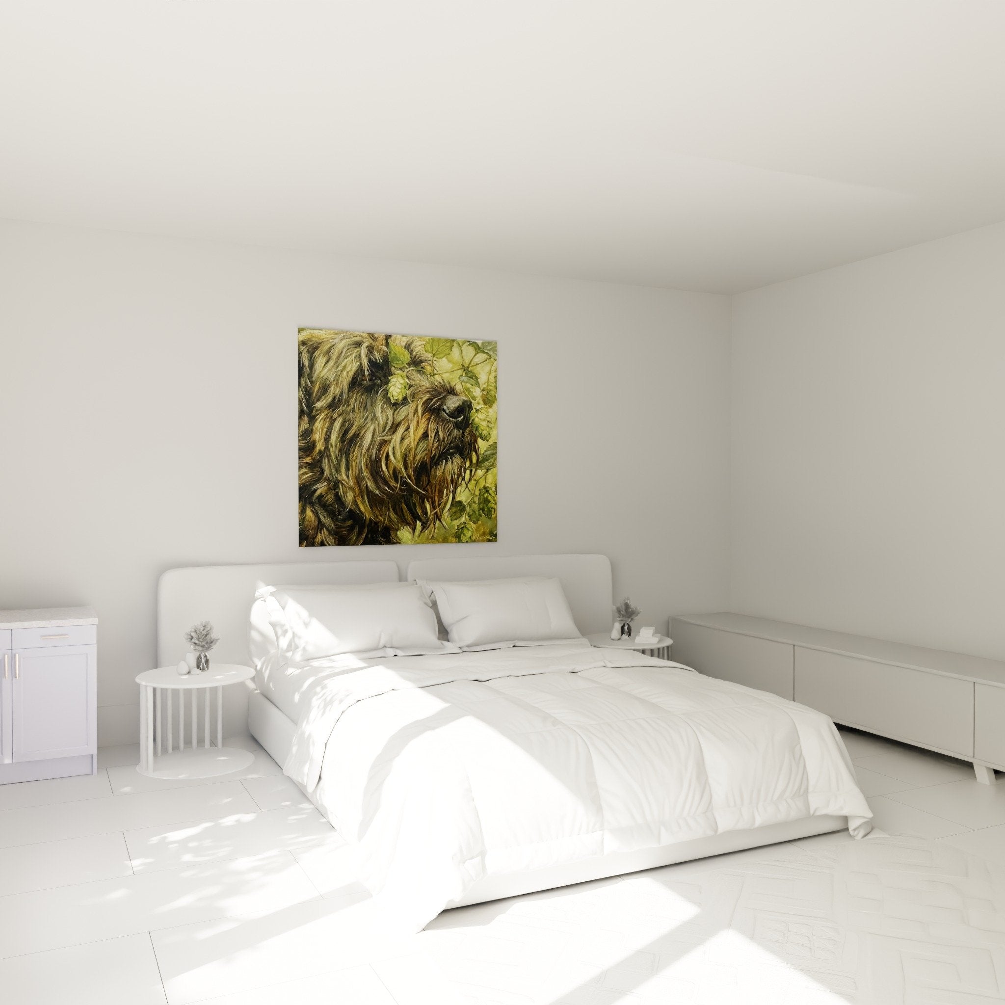 Bouvierporträt Hopfen Wanddeko Schlafzimmer beige Wand warme natürliche Atmosphäre