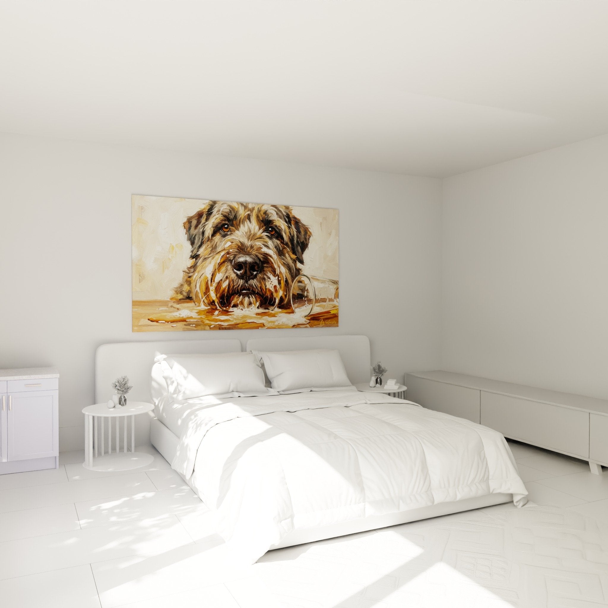 Decorazione camera da letto con quadro cane Bovaro delle Fiandre sguardo malizioso, atmosfera calda tonalità ocra