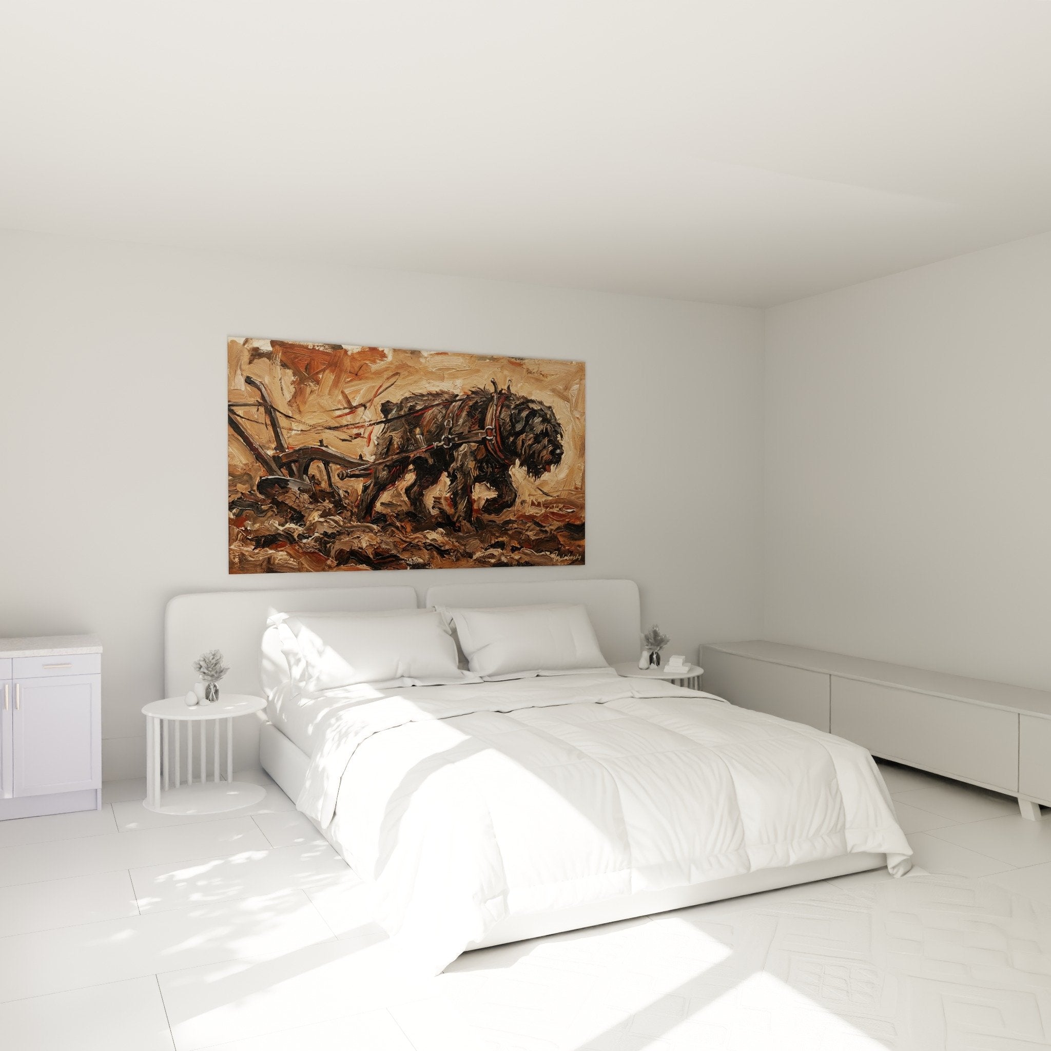 Arredamento camera da letto con quadro rustico Bovaro delle Fiandre al lavoro, atmosfera calda con tonalità terra
