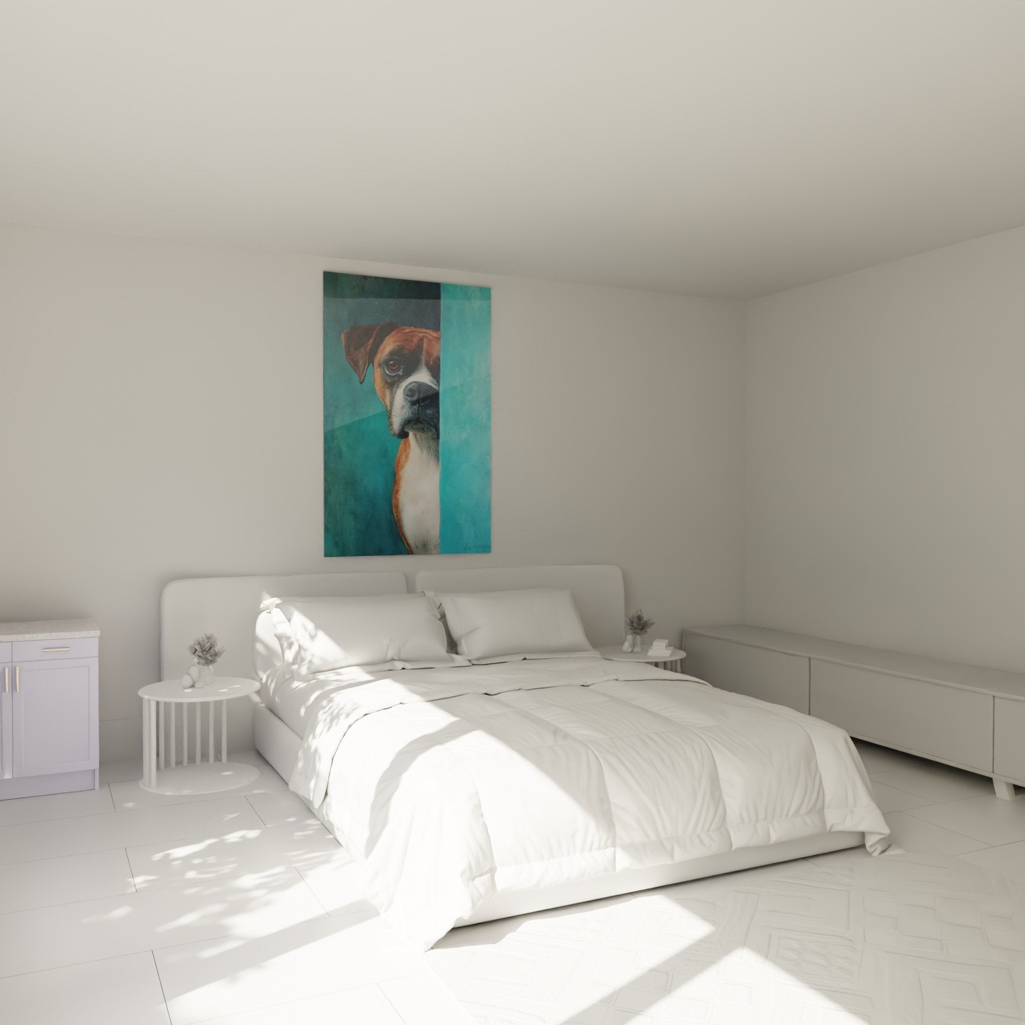 Wall decoration bedroom painting Tricolor Boxer turquoise soft serene atmosphere contemporary animal art
