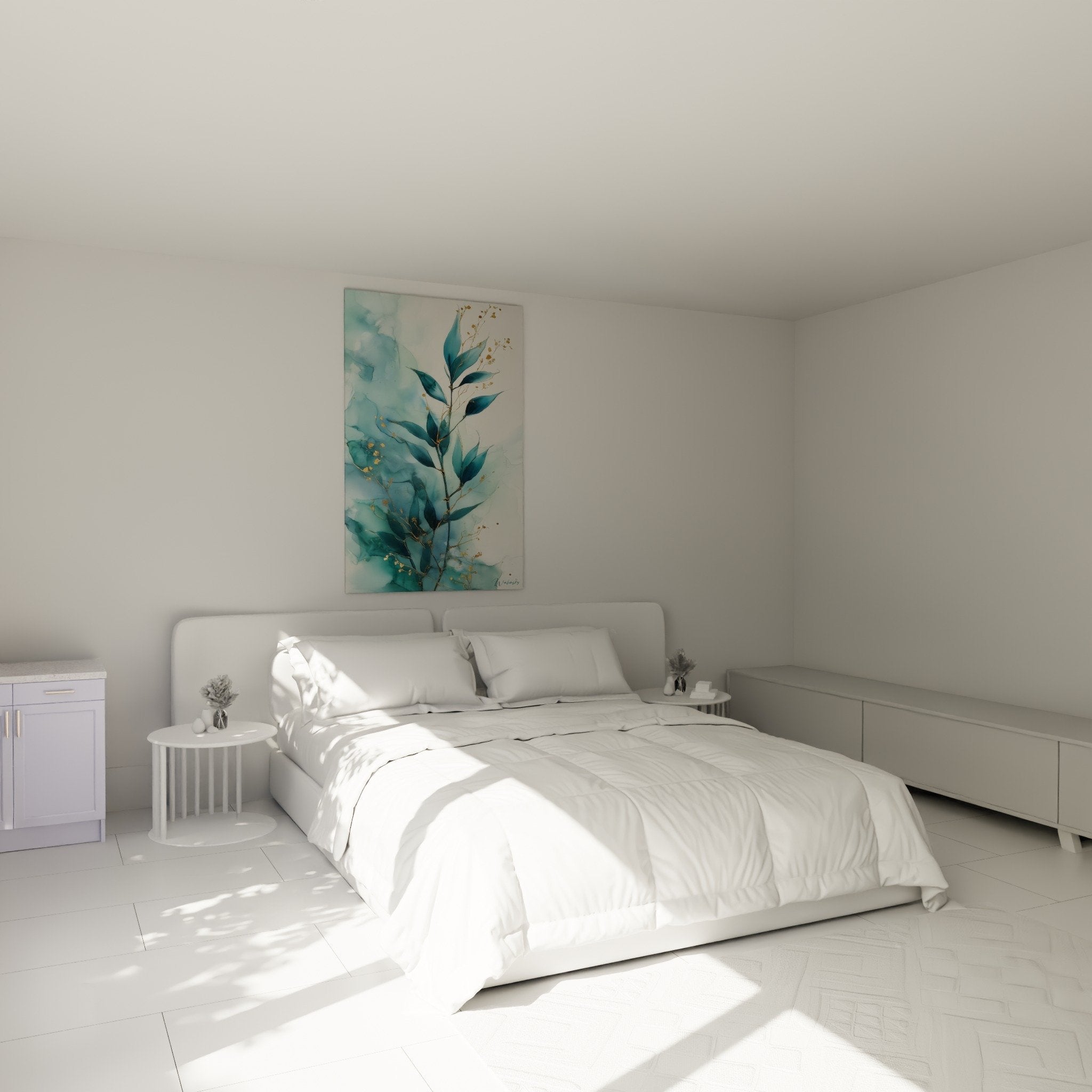 Decoration chambre tableau branches bleues or feng shui harmonie vegetale murale apaisante