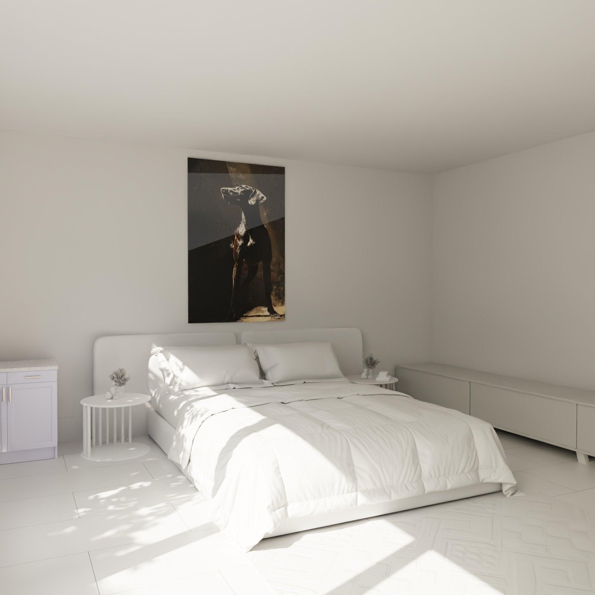 Decoration murale Braque Allemand dans chambre moderne, ambiance chaleureuse tons beiges et chocolat