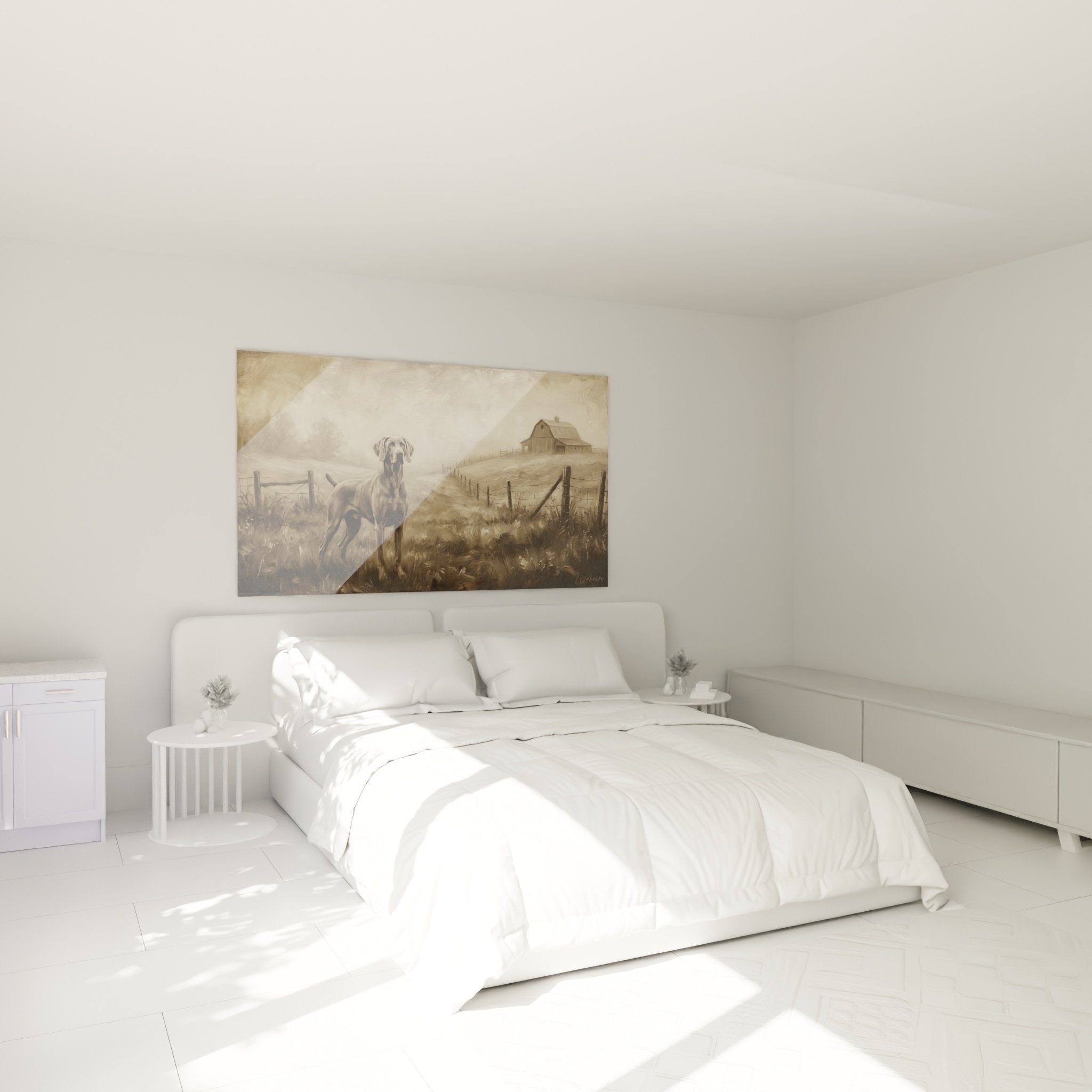 Dog bedroom wall art Weimaraner pointer rustic countryside ambiance sepia warm beige tones