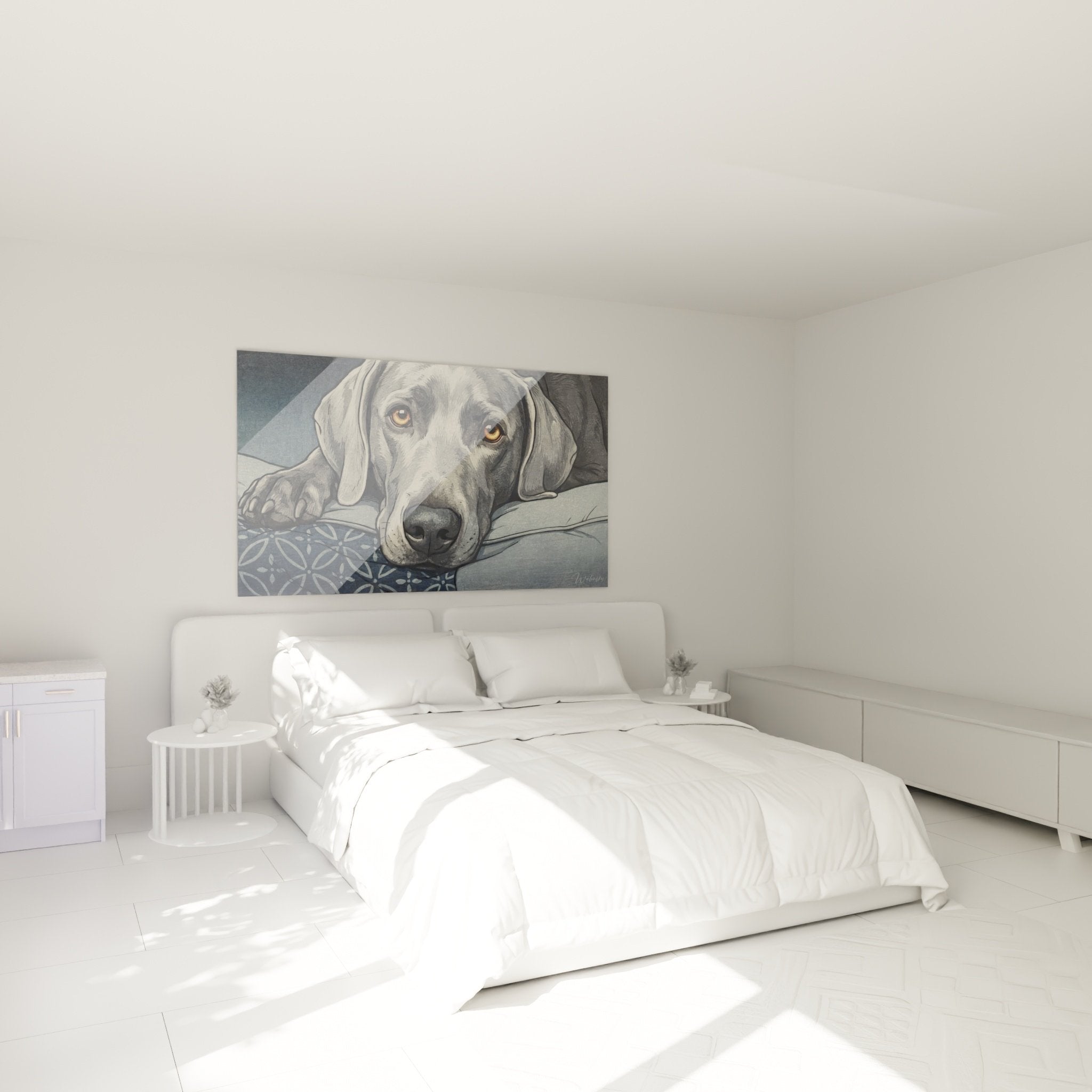Decoration chambre tableau chien braque weimar gris ambiance apaisante tete de lit