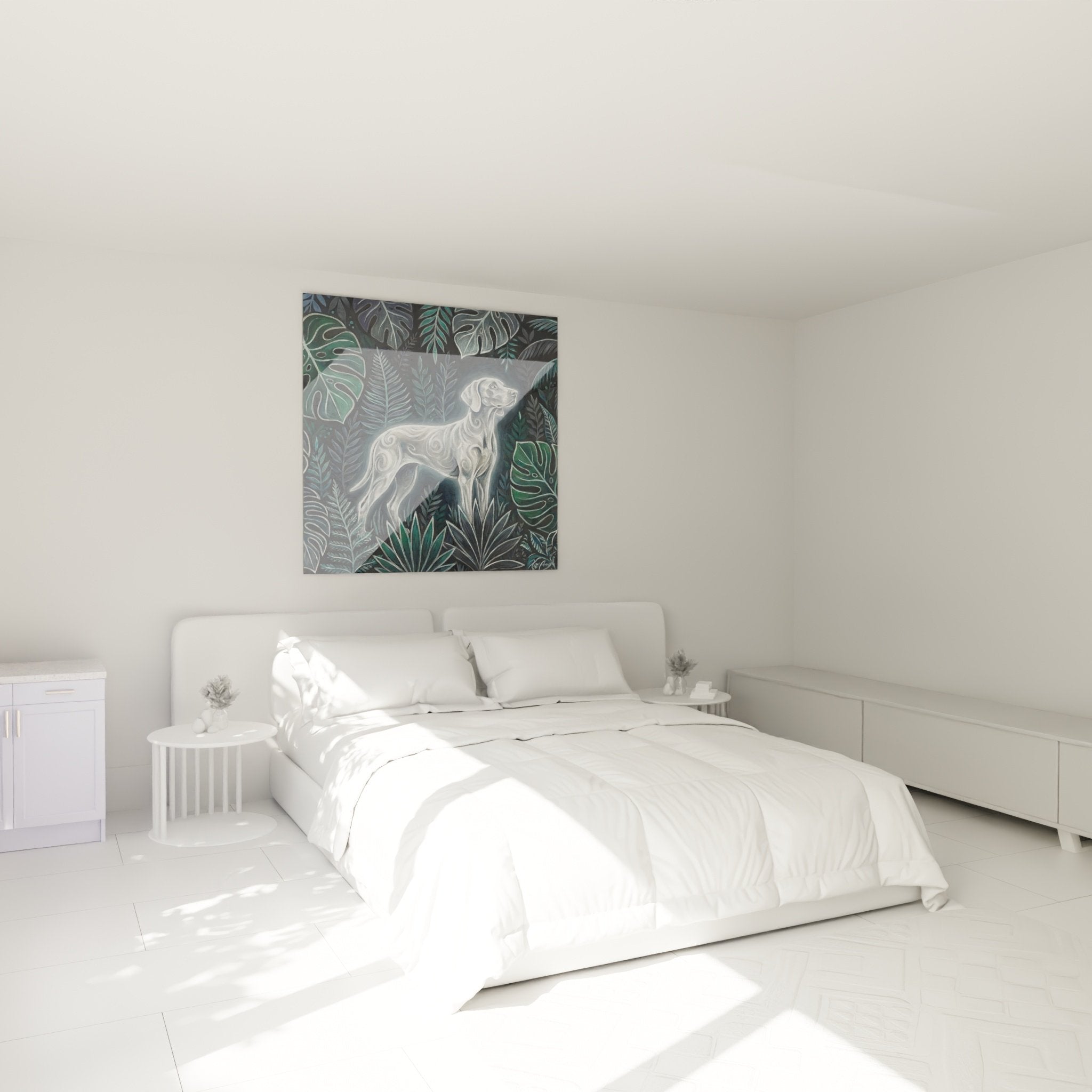 Bedroom decoration with stylized Weimaraner dog artwork jungle green canvas