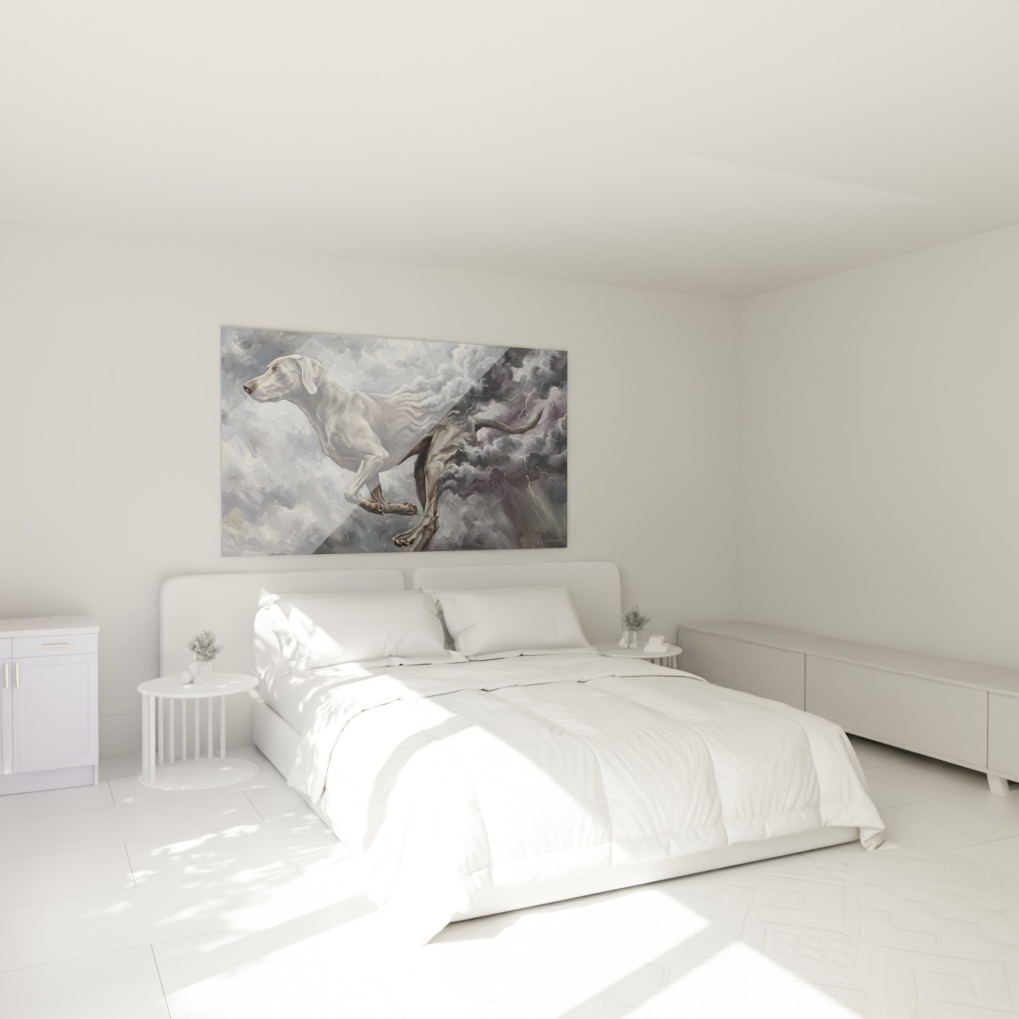Décoration murale chambre avec Braque de Weimar en course dans tempête, ambiance moderne et sophistiquée